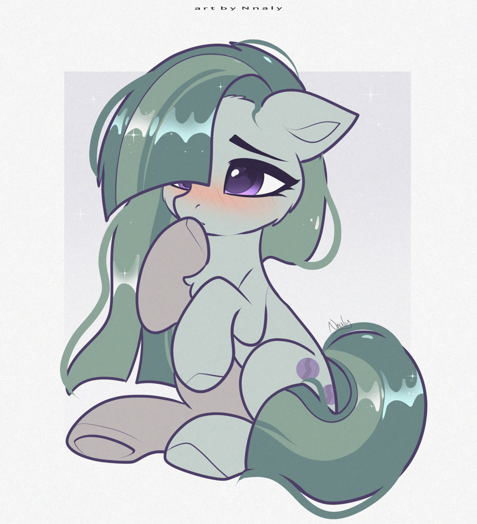 #3779490 - safe, artist:nnaly, marble pie, earth pony, pony, g4, blushing, cute, female, floppy ears, hair over one eye, marblebetes, mare, sitting, solo, underhoof - Derpibooru