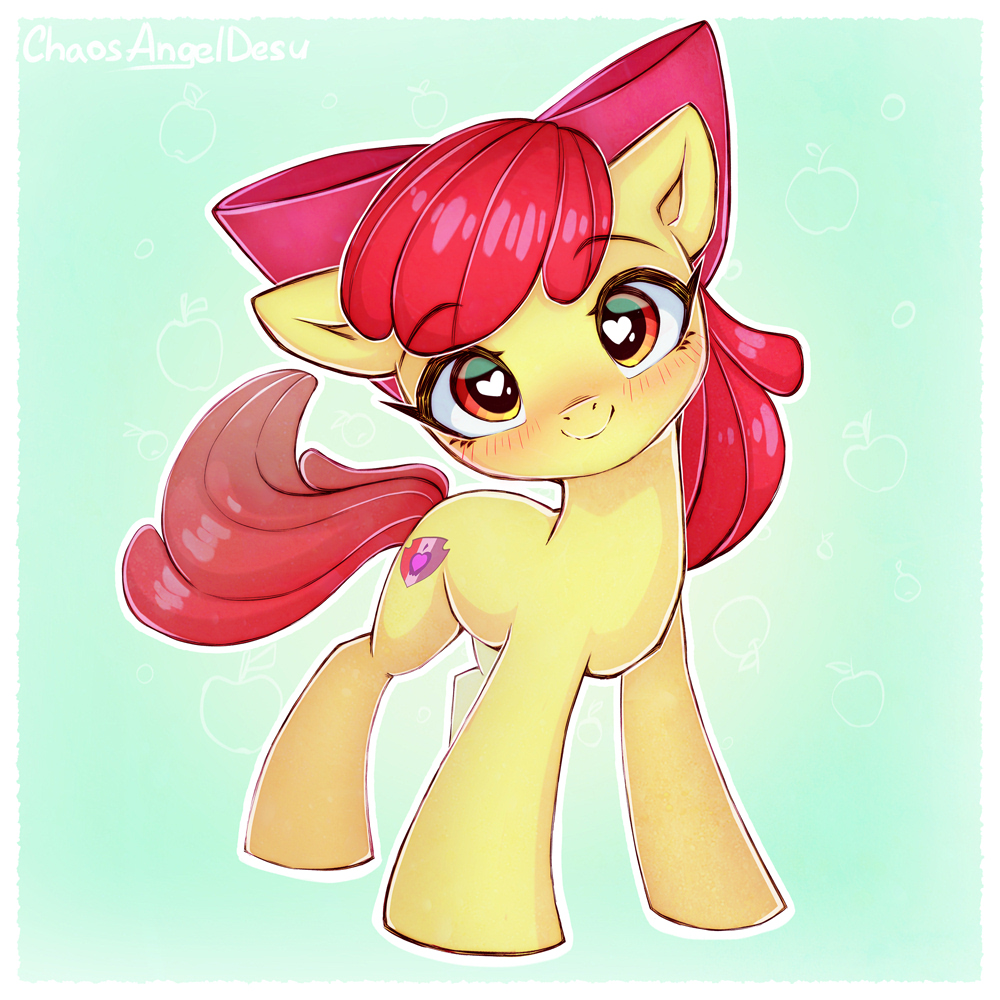 #3780027 - safe, artist:chaosangeldesu, apple bloom, earth pony, pony, g4, adorabloom, apple bloom's bow, blush lines, blushing, bow, chaosangeldesu is trying to murder us, cute, eyebrows, eyebrows visible through hair, female, filly, foal, full body, gra