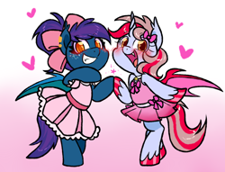 Size: 1440x1100 | Tagged: safe, artist:paperbagpony, oc, oc only, oc:cinnamon lightning, oc:stardust(cosmiceclipse), bat pony, pony, semi-anthro, blushing, bow, clothes, colored hooves, colored pupils, dress, duo, fangs, female, femboy, gradient background, grin, hair bow, heart, hooves, looking at you, male, mare, open mouth, open smile, red hooves, smiling, smiling at you, stallion, unshorn fetlocks