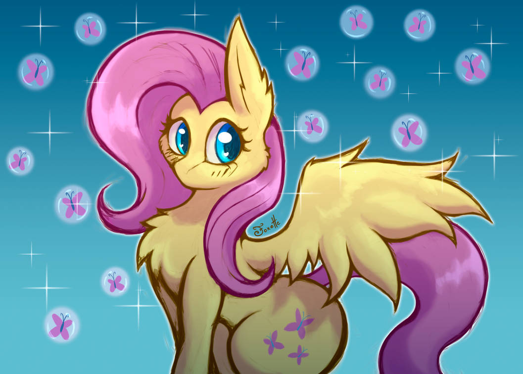 #3803438 - safe, artist:foxette, fluttershy, butterfly, pony, g4, cheek fluff, chest fluff, curious, ear fluff, female, fluffy, gradient background, mare, no mouth, solo, wings - Derpibooru
