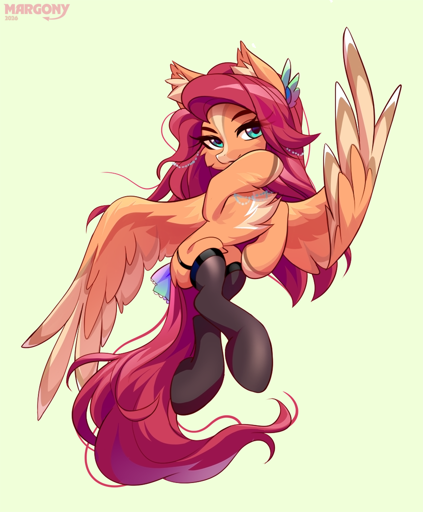 #3805155 - safe, artist:margony, oc, oc only, oc:marigold, pegasus, pony, clothes, concave belly, female, garter belt, legwear, mare, pegasus oc, simple background, slender, socks, solo, thigh highs, thin, white background - Derpibooru
