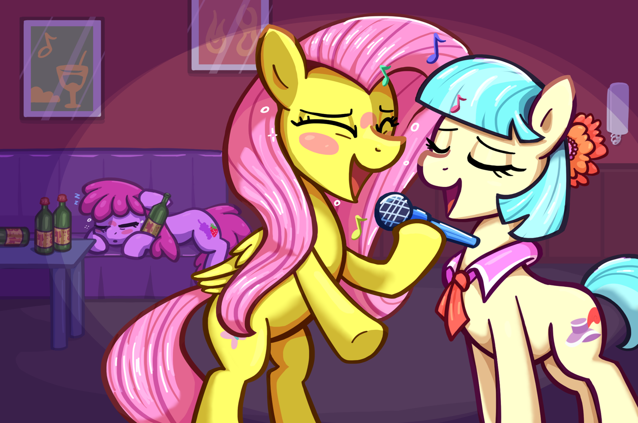 #3807331 - safe, artist:foility, derpibooru exclusive, berry punch, coco pommel, fluttershy, earth pony, pegasus, pony, g4, bottle, cocobetes, cute, drunk, eyes closed, female, folded wings, holding, indoors, karaoke, mare, microphone, open mouth, shyabet