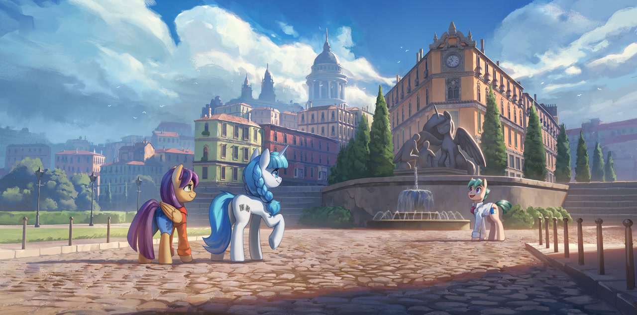 #3795918 - safe, artist:mrscroup, oc, oc only, oc:absolvia, oc:perfect plan, oc:viva voce, bird, earth pony, human, pegasus, pony, unicorn, architecture, bollard, braid, building, bush, city, clock, clothes, cloud, cloudy, cobblestone street, collared shi