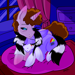 Size: 2500x2500 | Tagged: safe, artist:virtualcore, oc, oc:pixels, oc:thorn bud, earth pony, pony, unicorn, cuddling, curly mane, cute, game boy, game boy advance, gay, horn, indoors, male, night, protecting, sleeping, stallion, stallion oc, transgender, transgender oc, transmasculine, video game console
