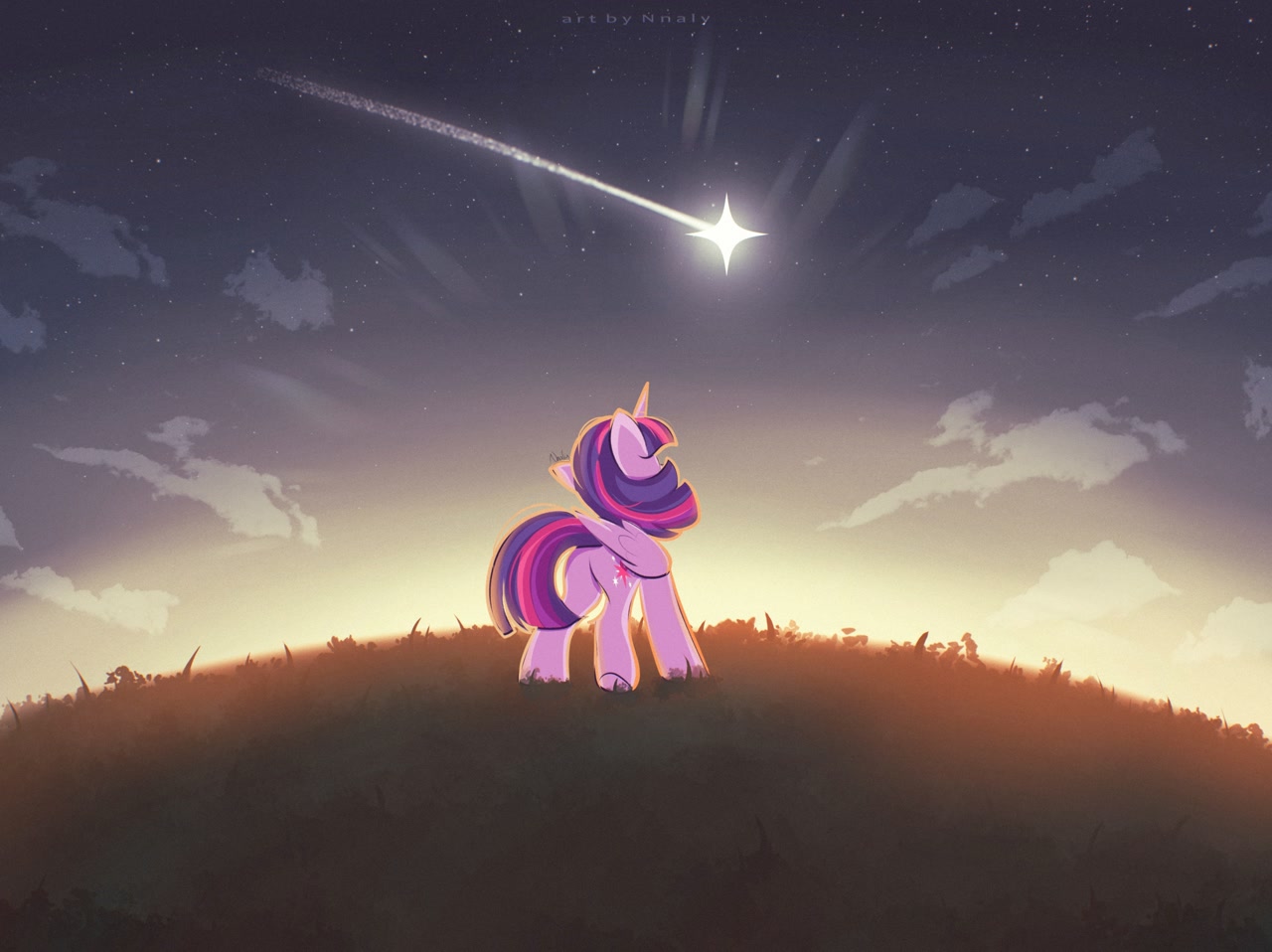 #3811305 - safe, artist:nnaly, twilight sparkle, alicorn, pony, g4, butt, cloud, female, grass, hill, looking at something, looking up, mare, outdoors, plot, shooting star, sky, solo, stars, twilight (astronomy), twilight sparkle (alicorn) - Derpibooru