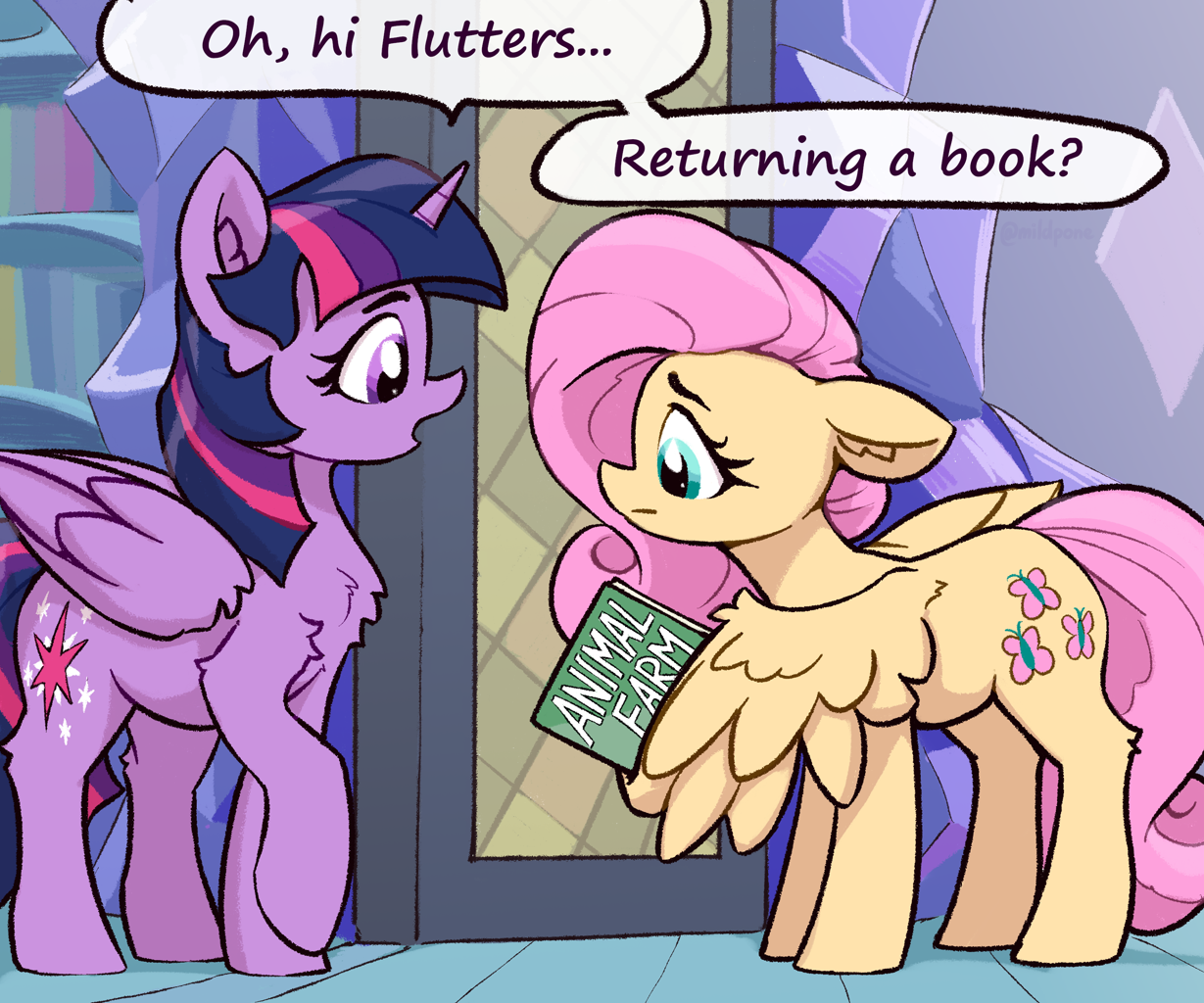 #3811307 - safe, artist:rnghat, fluttershy, twilight sparkle, alicorn, pegasus, pony, g4, animal farm, book, bookshelf, chest fluff, doorway, duo, ear fluff, female, floppy ears, folded wings, george orwell, indoors, library, mare, speech bubble, standing