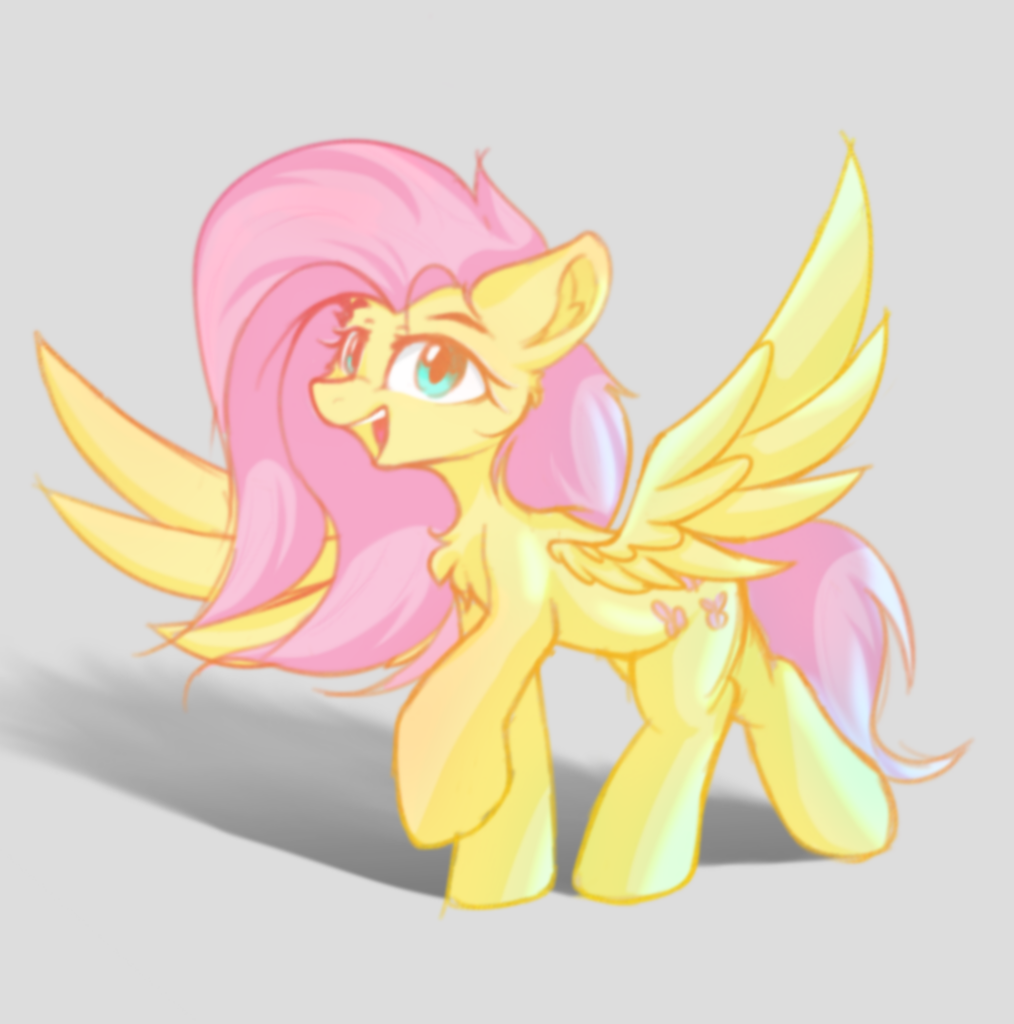#3811585 - safe, artist:門久, fluttershy, pegasus, pony, g4, gray background, looking at you, open mouth, open smile, simple background, smiling, smiling at you, solo, spread wings, wings - Derpibooru