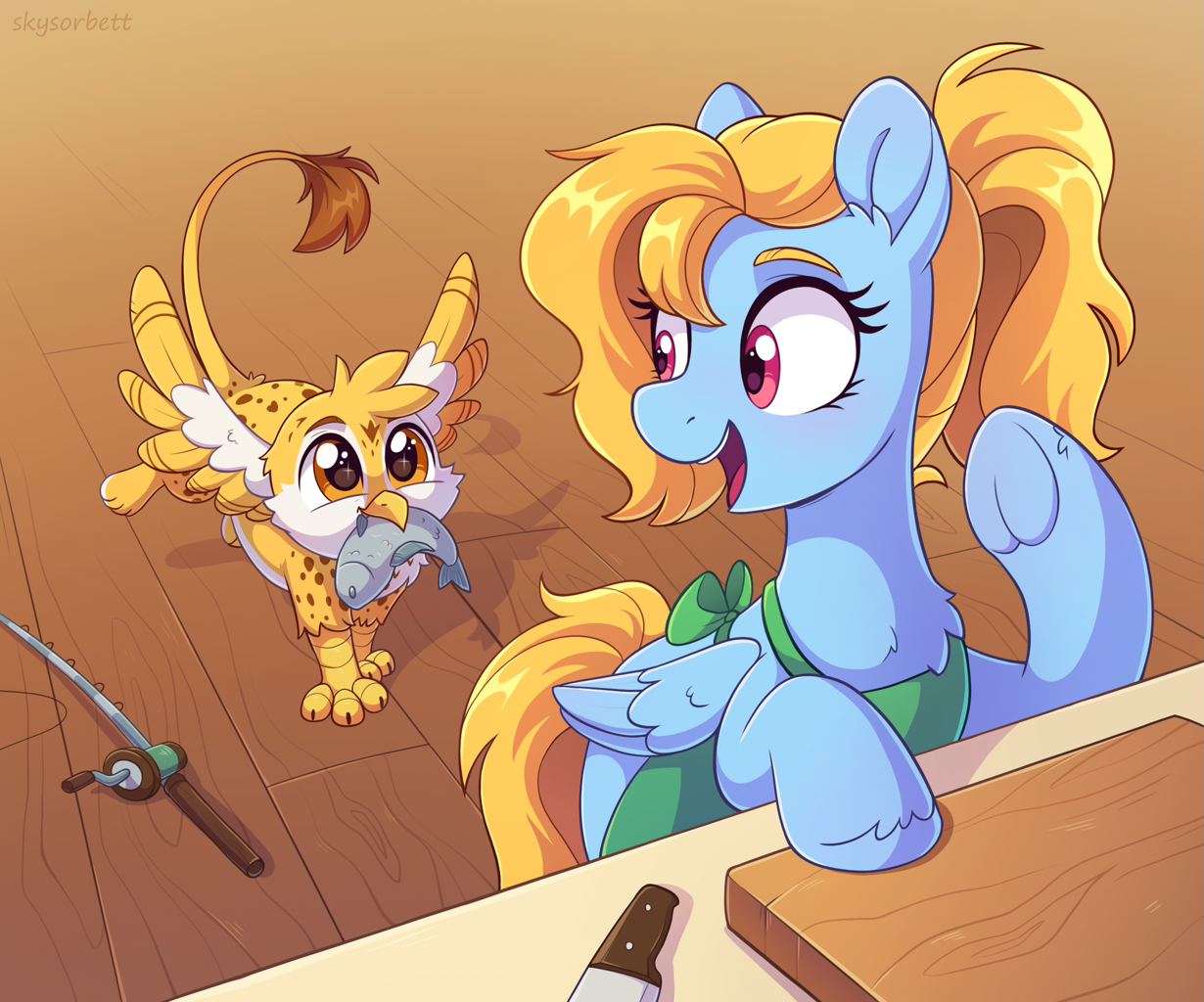 #3814913 - safe, artist:skysorbett, oc, oc only, oc:beaky, oc:brave blossom, fish, griffon, pegasus, pony, fanfic:yellow feathers, apron, carnivore, clothes, duo, female, fishing rod, folded wings, griffon oc, high res, knife, mouth hold, pegasus oc, smil