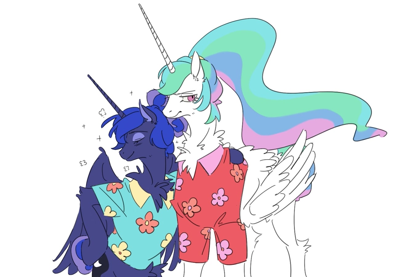 #3854402 - safe, artist:茶几yaa, princess celestia, princess luna, alicorn, pony, between dark and dawn, g4, my little pony: friendship is magic, alternate hairstyle, bipedal, chest fluff, clothes, duo, duo female, eyes closed, female, hawaiian shirt, hoof 