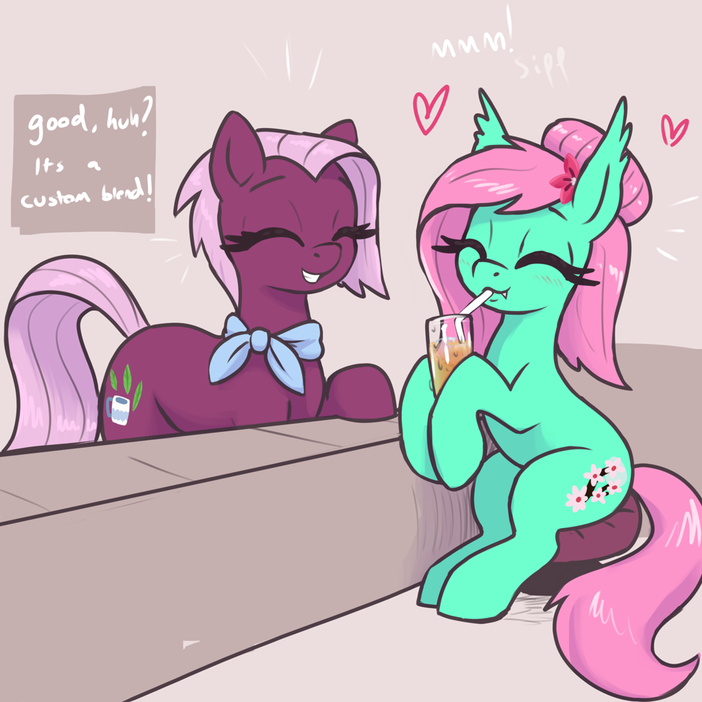 #3855185 - safe, artist:t72b, jasmine leaf, oc, oc:arizona, bat pony, earth pony, pony, wingless bat pony, g4, bun, cherry blossom pattern, cute, drink, drinking, duo, ear tufts, eyes closed, fangs, female, floating heart, flower, flower in hair, grin, he