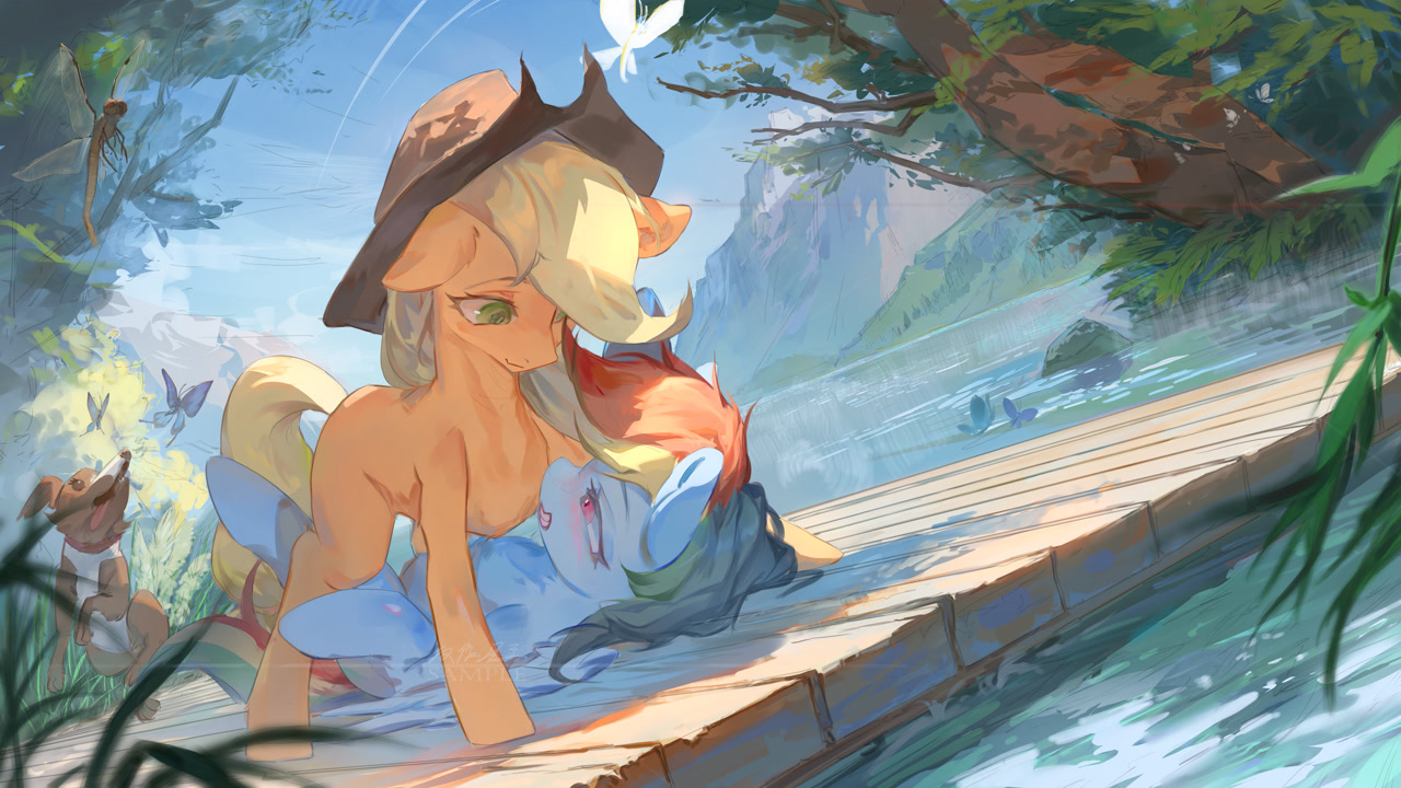 #3855213 - safe, artist:xiangquxiaomaguo, applejack, rainbow dash, winona, butterfly, dog, dragonfly, earth pony, insect, pegasus, pony, g4, blushing, deck, duo, female, floppy ears, forest, lake, lesbian, mare, missing cutie mark, mountain, nature, outdo
