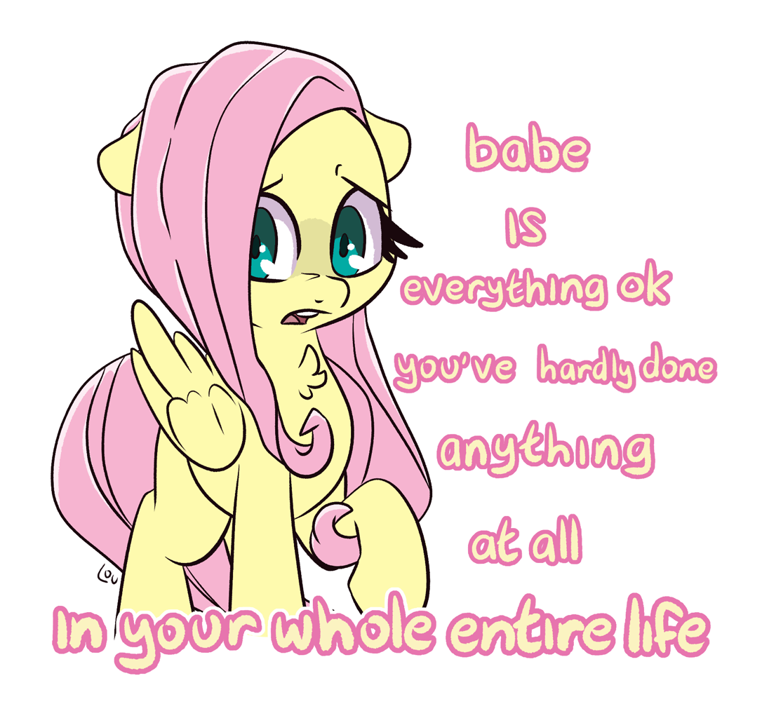 #3866101 - safe, artist:lou, fluttershy, pegasus, pony, g4, chest fluff, cute, dialogue, emotional damage, female, floppy ears, mare, raised hoof, shyabetes, simple background, solo, talking to viewer, white background - Derpibooru