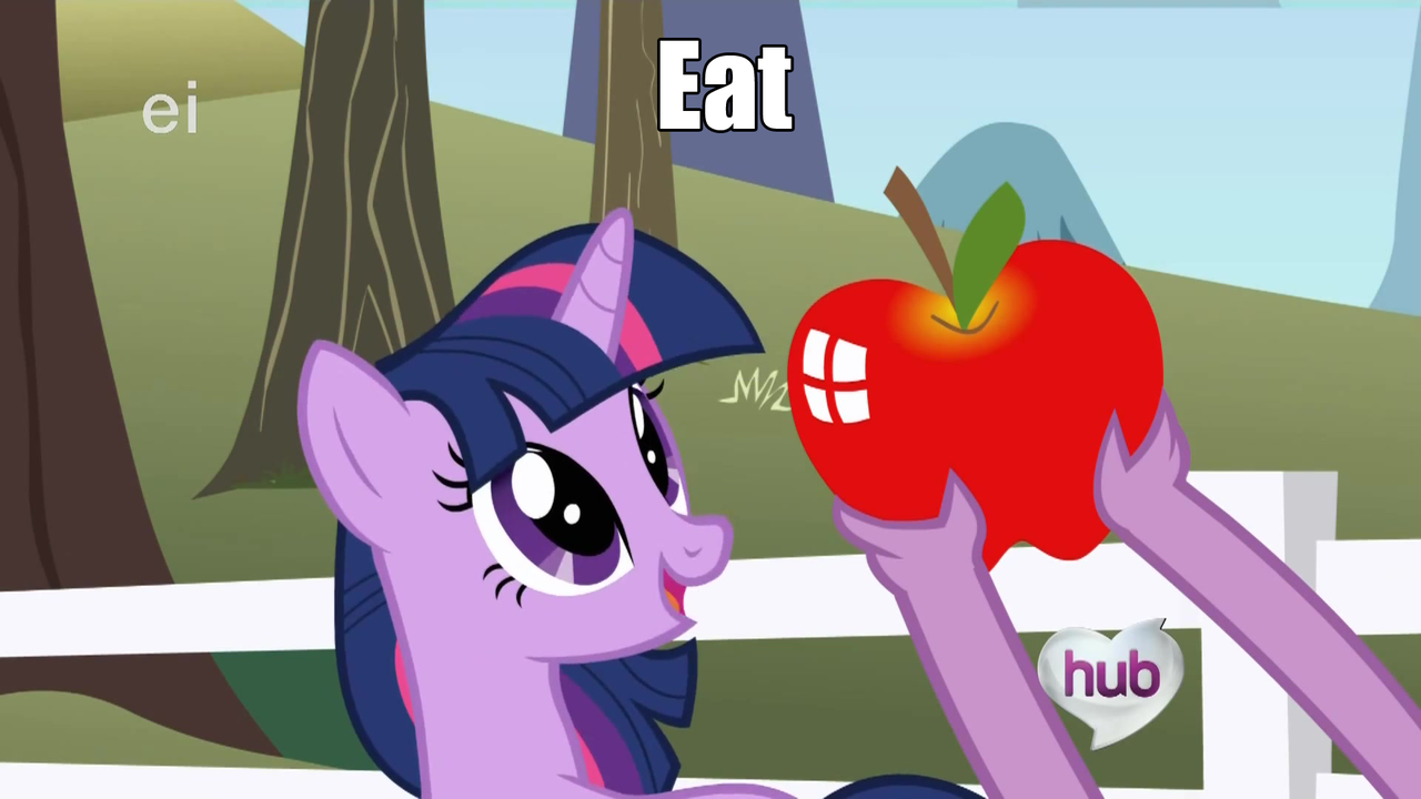#118374 - safe, spike, twilight sparkle, apple, hub logo, hungry, image