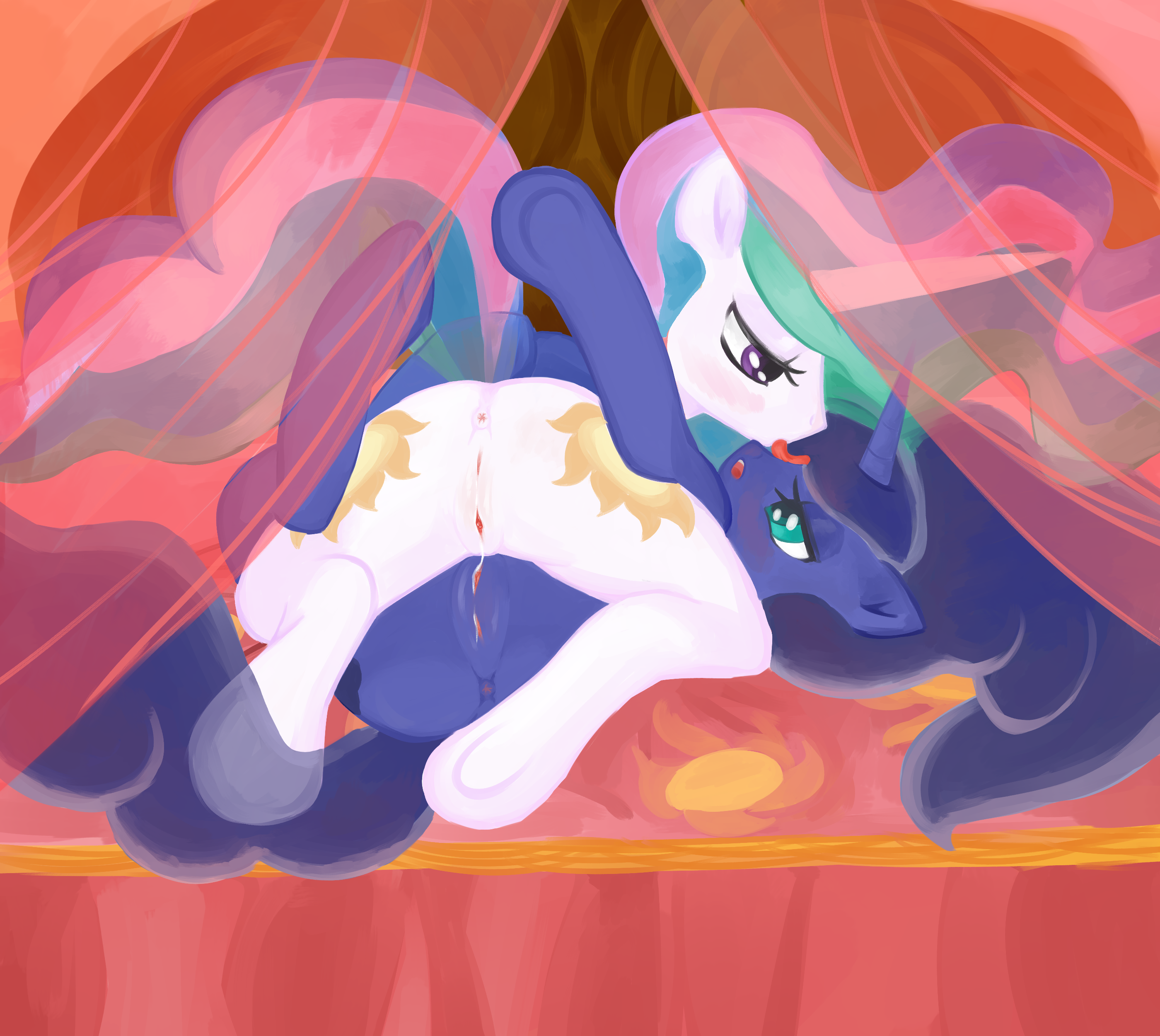 112724 - explicit, artist:ponylicking, princess celestia, princess luna,  pony, g4, anus, bed, blushing, female, high res, hooves, incest, lesbian,  licking, mare, nudity, ship:princest, tongue out, tribadism, vaginal  secretions, vulva - Derpibooru