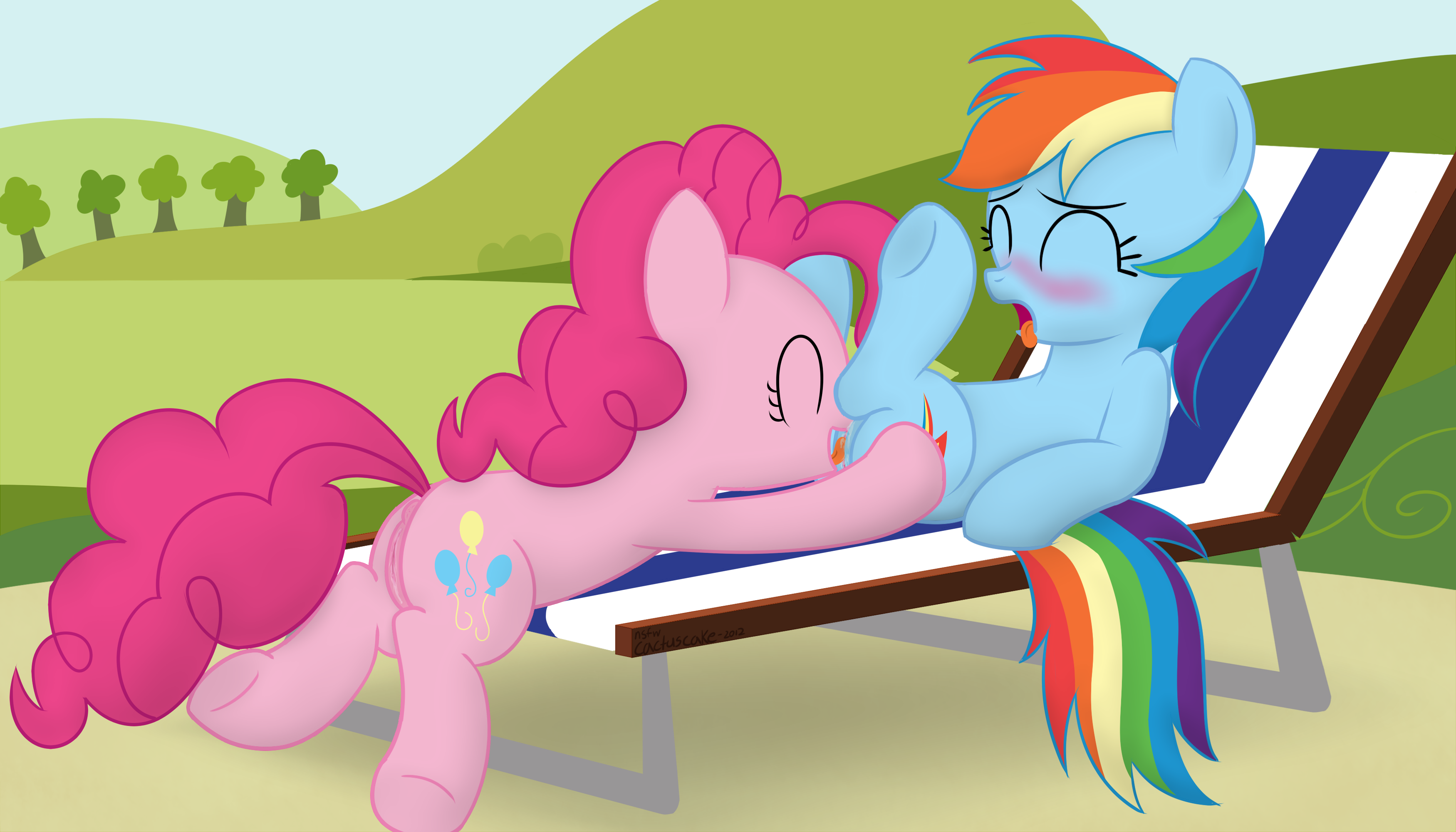 158303 - explicit, artist:dtcx97, pinkie pie, rainbow dash, earth pony,  pegasus, pony, g4, too many pinkie pies, ahegao, anus, beach, beach chair,  blushing, butt, chair, cunnilingus, exhibitionism, eyes closed, female,  happy sex,