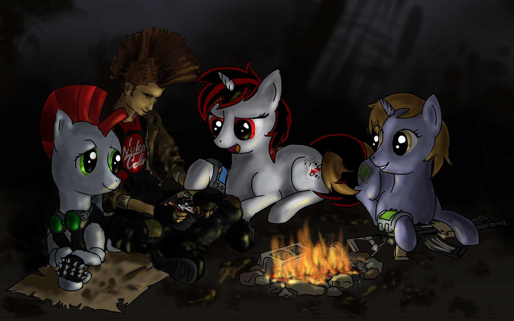 #189162 - artist:brentogara, campfire, fallout equestria 