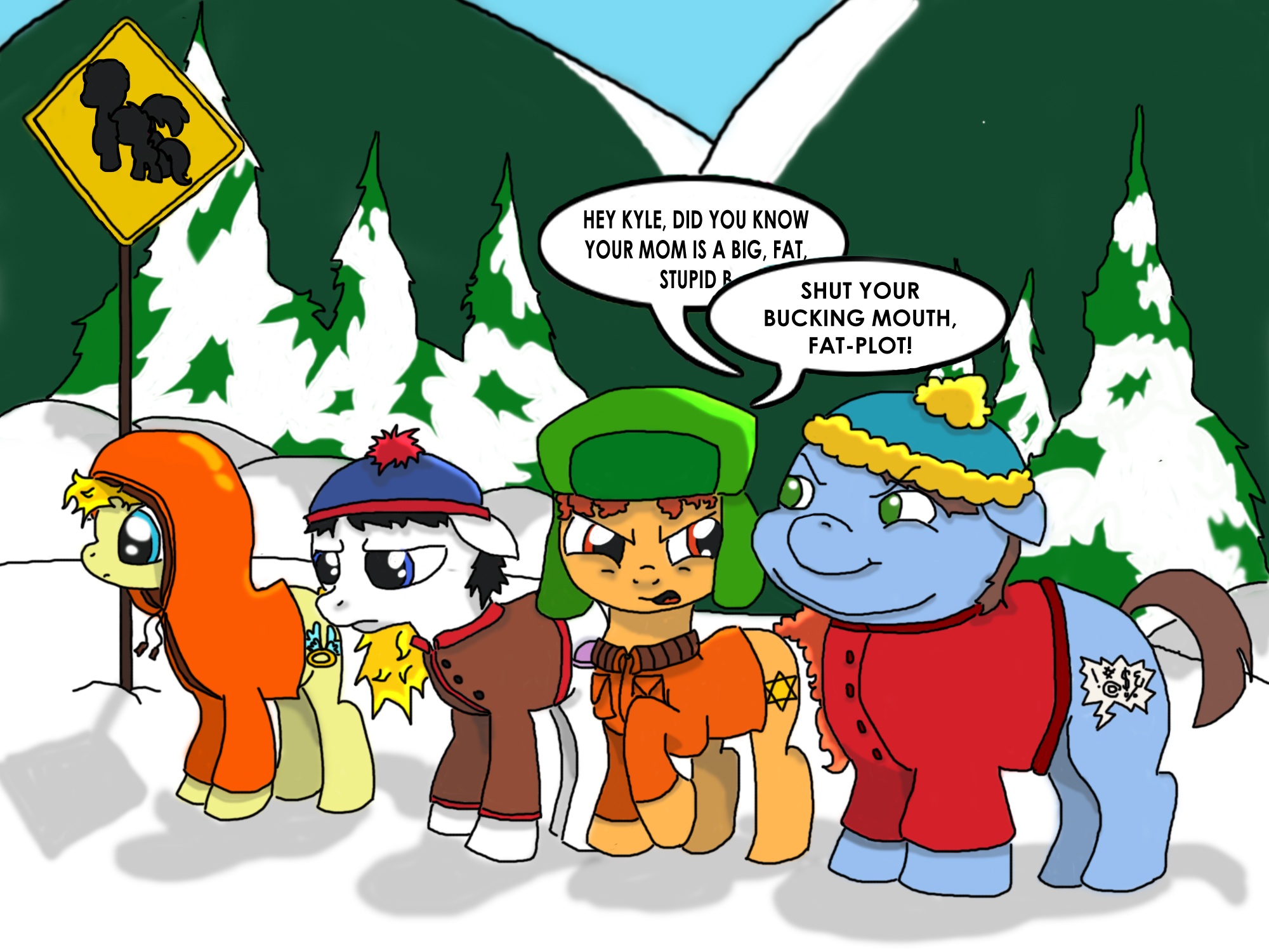 192880 - questionable, artist:heroable, eric cartman, kenny mccormick, kyle  broflovski, male, ponified, snow, south park, stan marsh - Derpibooru