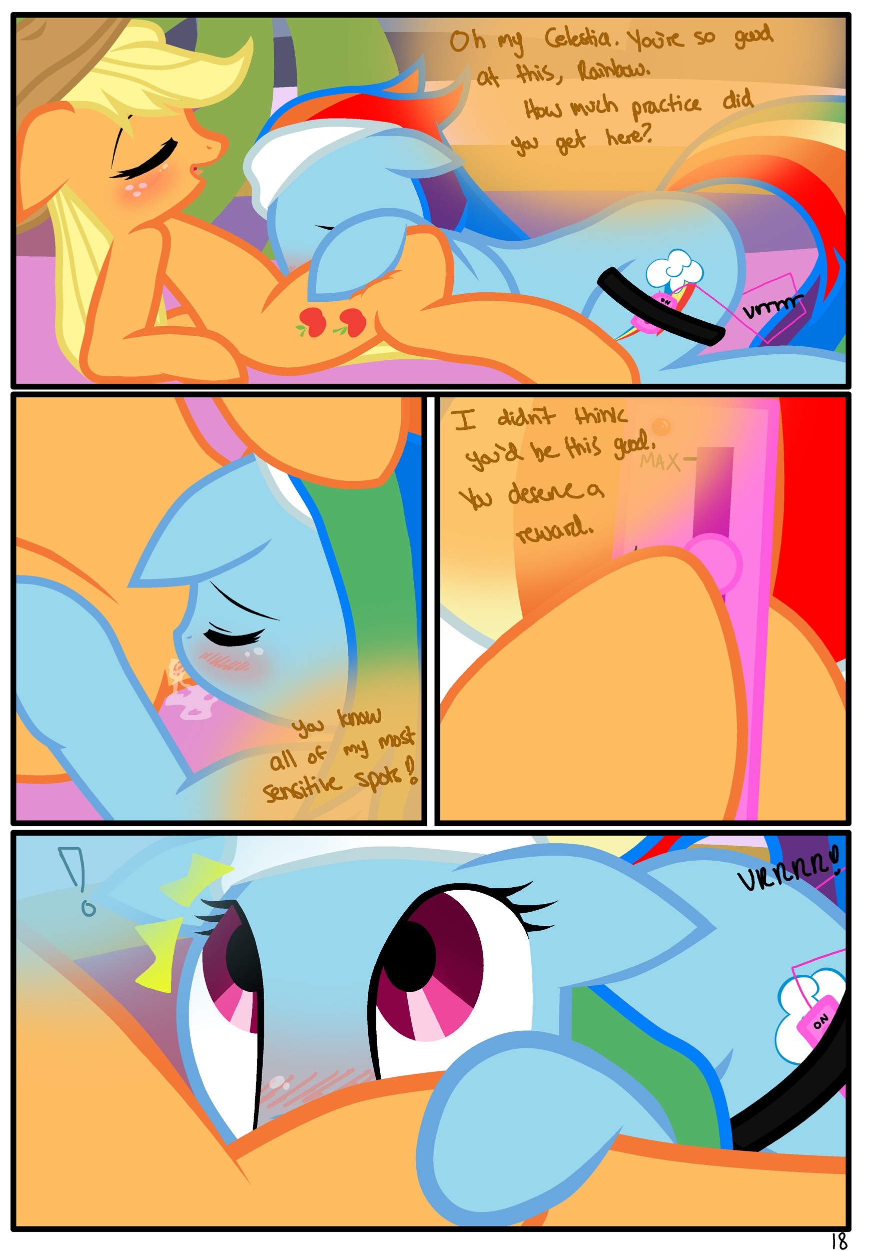 177423 - explicit, artist:pyruvate, applejack, rainbow dash, earth pony,  pegasus, pony, comic:the usual, g4, blushing, comic, cunnilingus,  featureless crotch, female, lesbian, nudity, sex toy, ship:appledash,  shipping, spa pony rainbow dash, vaginal ...