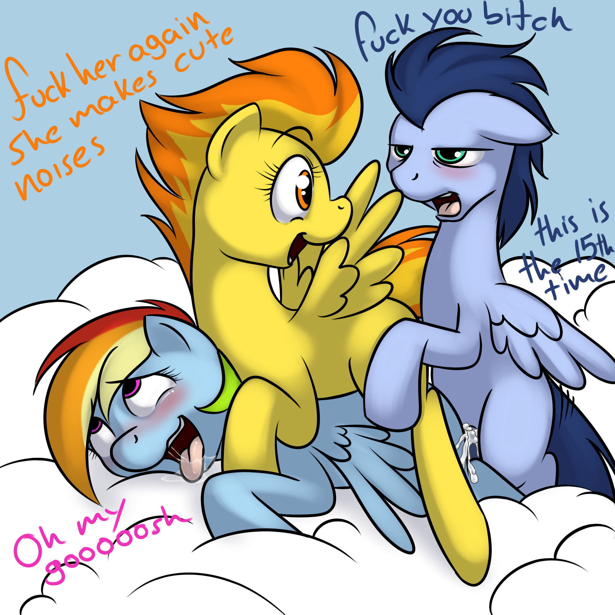 My Little Pony Spitfire Porn - 3870 - source needed, explicit, artist:kloudmutt, rainbow dash, soarin',  spitfire, pegasus, pony, ahegao, annoyed, blushing, cloud, creampie, cum,  cute, cute porn, cutefire, dashabetes, dialogue, doggy style, drool,  english, excessive sex, female, from