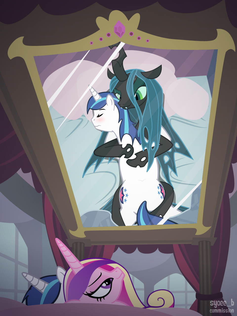 4531 - questionable, semi-grimdark, artist:syoee b, princess cadance, queen  chrysalis, shining armor, alicorn, changeling, changeling queen, pony,  unicorn, a canterlot wedding, g4, afterglow, aftersex, bad end, bed,  bedroom, bedroom eyes, blushing, creepy,