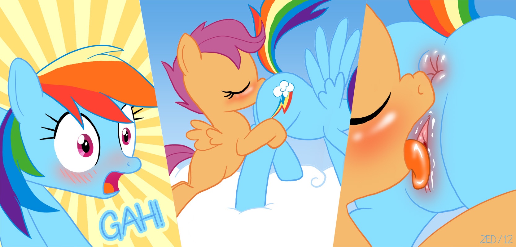 Mlp Scootaloo Porn Solo - 5399 - explicit, artist:zed001, rainbow dash, scootaloo, pegasus, pony,  2012, anus, blushing, butt, cloud, comic, cunnilingus, drool, eyes closed,  female, filly, foalcon, human anus on pony, human vagina on pony, lesbian,  licking,