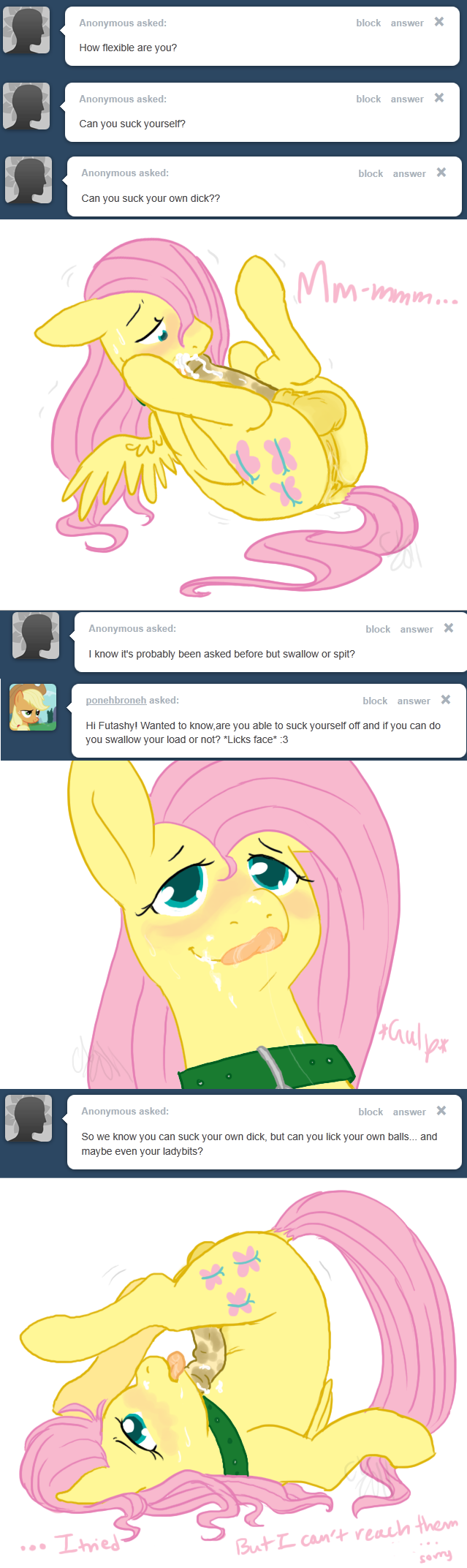 8574 - explicit, artist:cartoonlion, fluttershy, oc, oc:futashy, pegasus,  pony, ask futashy, futaverse, g4, ask, autofellatio, balls, blowjob,  collar, comic, cum, cum in mouth, cum in own mouth, dialogue, dock,  english, flexible, futa,