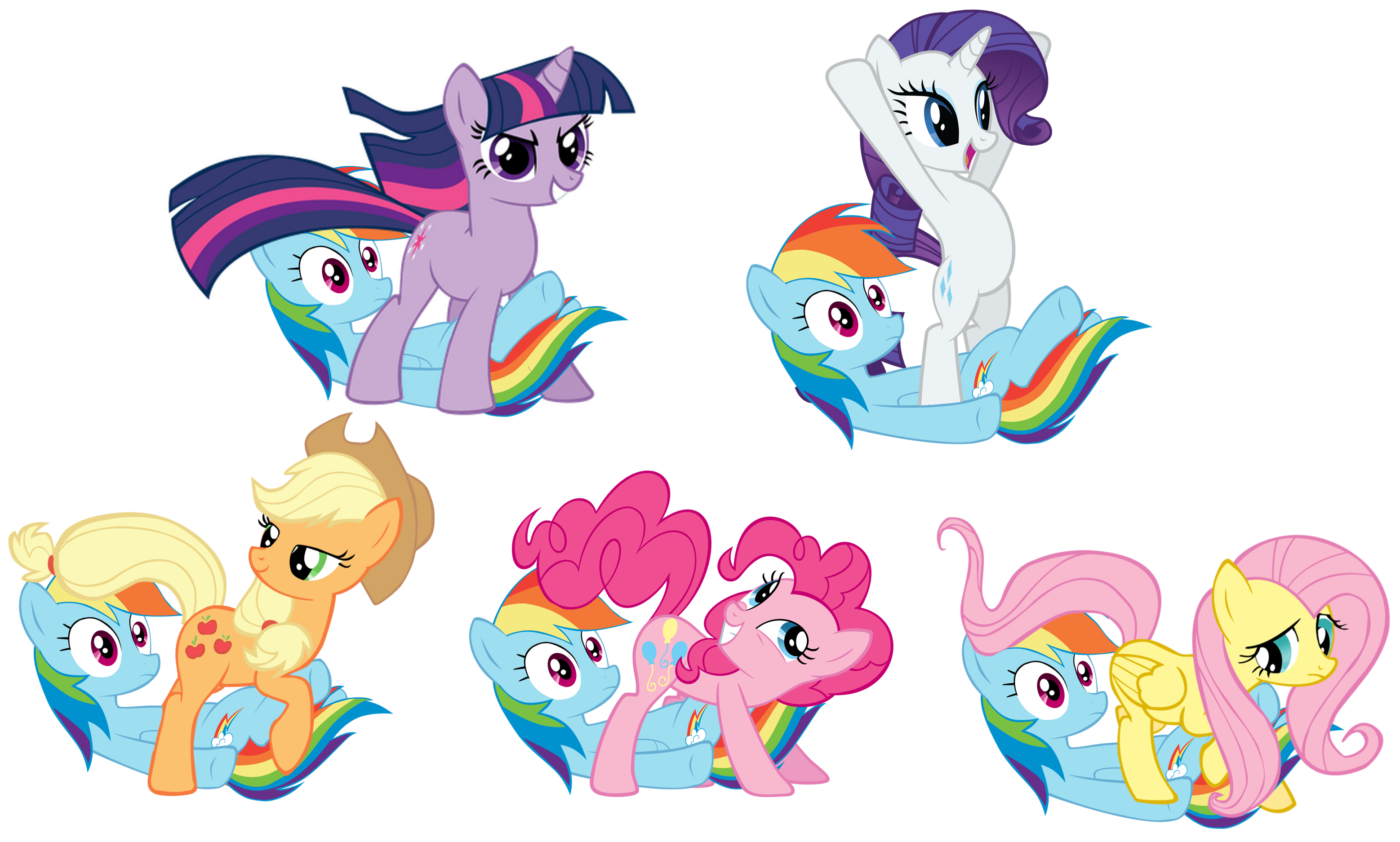 63433 - suggestive, applejack, fluttershy, pinkie pie, rainbow dash,  rarity, twilight sparkle, earth pony, pegasus, pony, unicorn, g4, 69  position, bipedal, confused, face fart, female, frown, grin, head tilt,  hooves up, implied