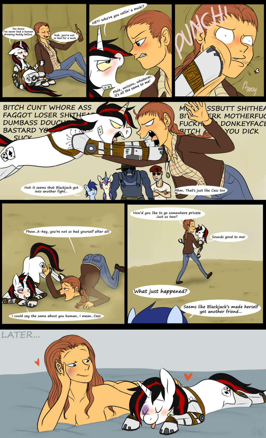 30898 - questionable, artist:cartoonlion, oc, oc:blackjack, oc:p-21,  oc:rampage, cyborg, human, pony, fallout equestria, fallout equestria:  project horizons, boone, breasts, comic, commission, crossover, fallout:  new vegas, female, human on pony action ...