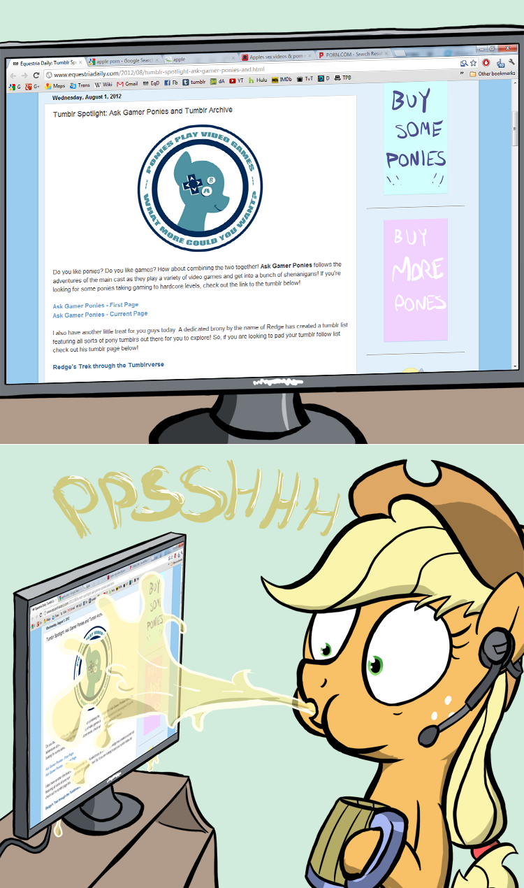 65025 - safe, artist:flavinbagel, applejack, ask gamer ponies, equestria  daily, g4, spit take, url - Derpibooru