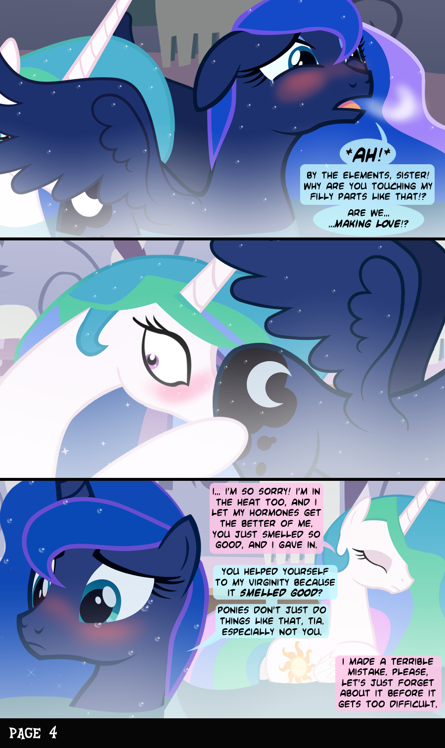Princess Luna Porn - 81749 - explicit, artist:anonymous, princess celestia, princess luna,  alicorn, pony, comic:stay with me sister, bath, blushing, comic,  cunnilingus, duo, estrus, eyes closed, eyeshadow, female, floppy ears,  frown, incest, lesbian, mare, moonbutt, open