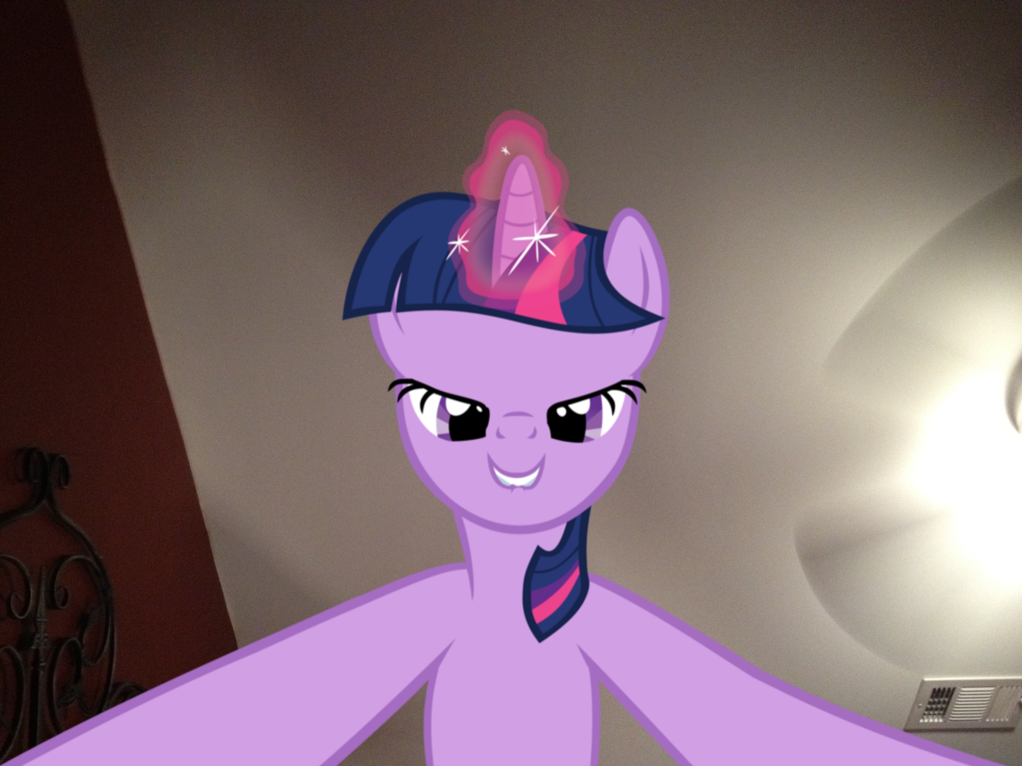 84963 - questionable, artist:serindo, twilight sparkle, g4, bedroom eyes,  high res, imminent rape, irl, lip bite, looking at you, magic, photo,  ponies in real life, pov, rapeface, smiling, vector - Derpibooru