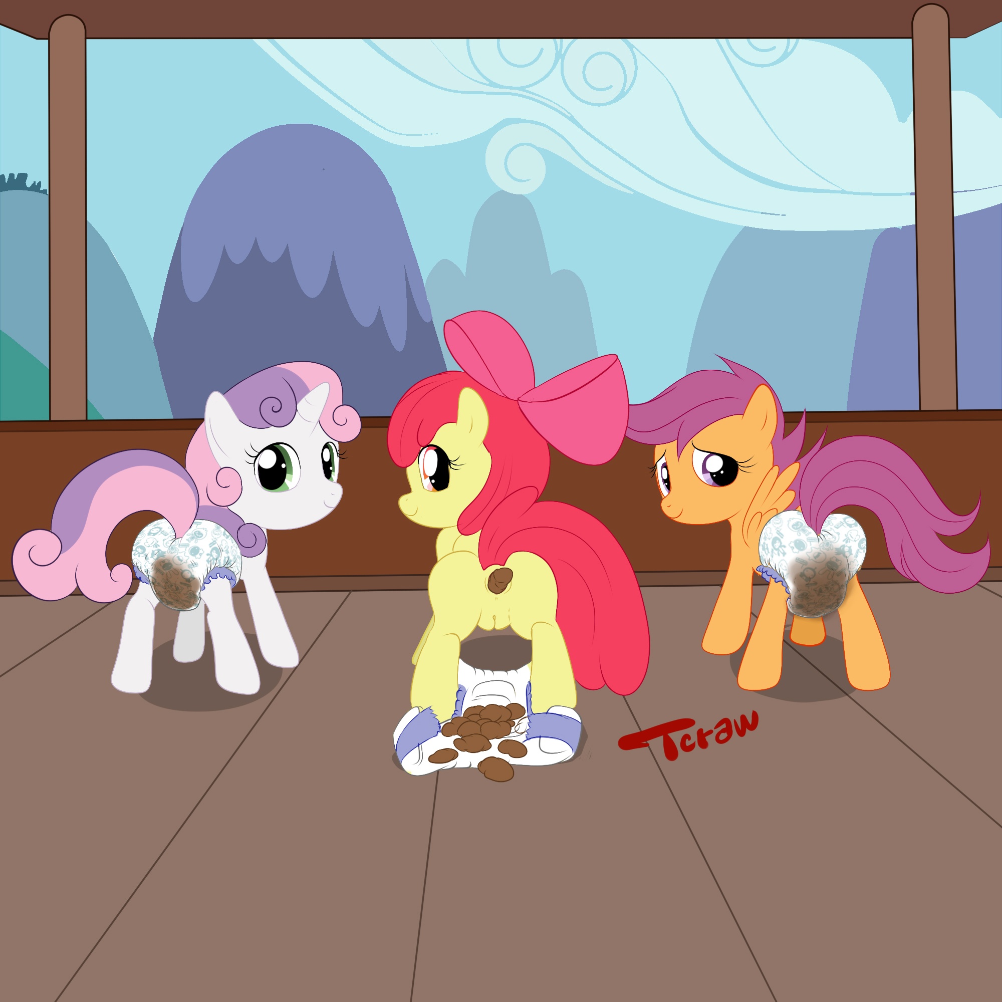 210844 - explicit, grotesque, artist:launny, apple bloom, scootaloo,  sweetie belle, earth pony, pony, g4, anus, balcony, butt, cutie mark  crusaders, diaper, diaper fetish, female, fetish, foal, foalcon, messy  diaper, non-baby in diaper,
