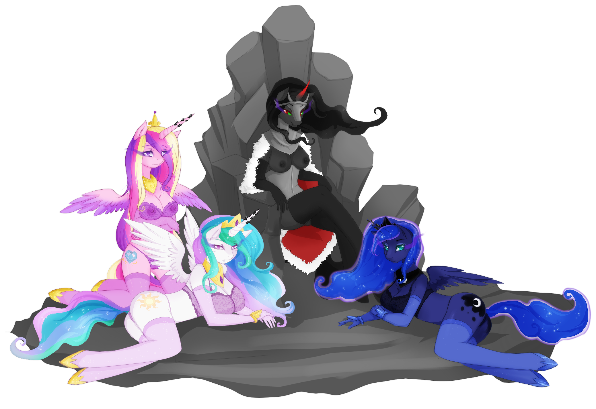 202953 - explicit, artist:cyahna, king sombra, princess cadance, princess  celestia, princess luna, alicorn, unicorn, anthro, g4, alicorn triarchy,  bad end, bedroom eyes, bracelet, breasts, clothes, corrupted, dark magic,  evening gloves, female, femsub,