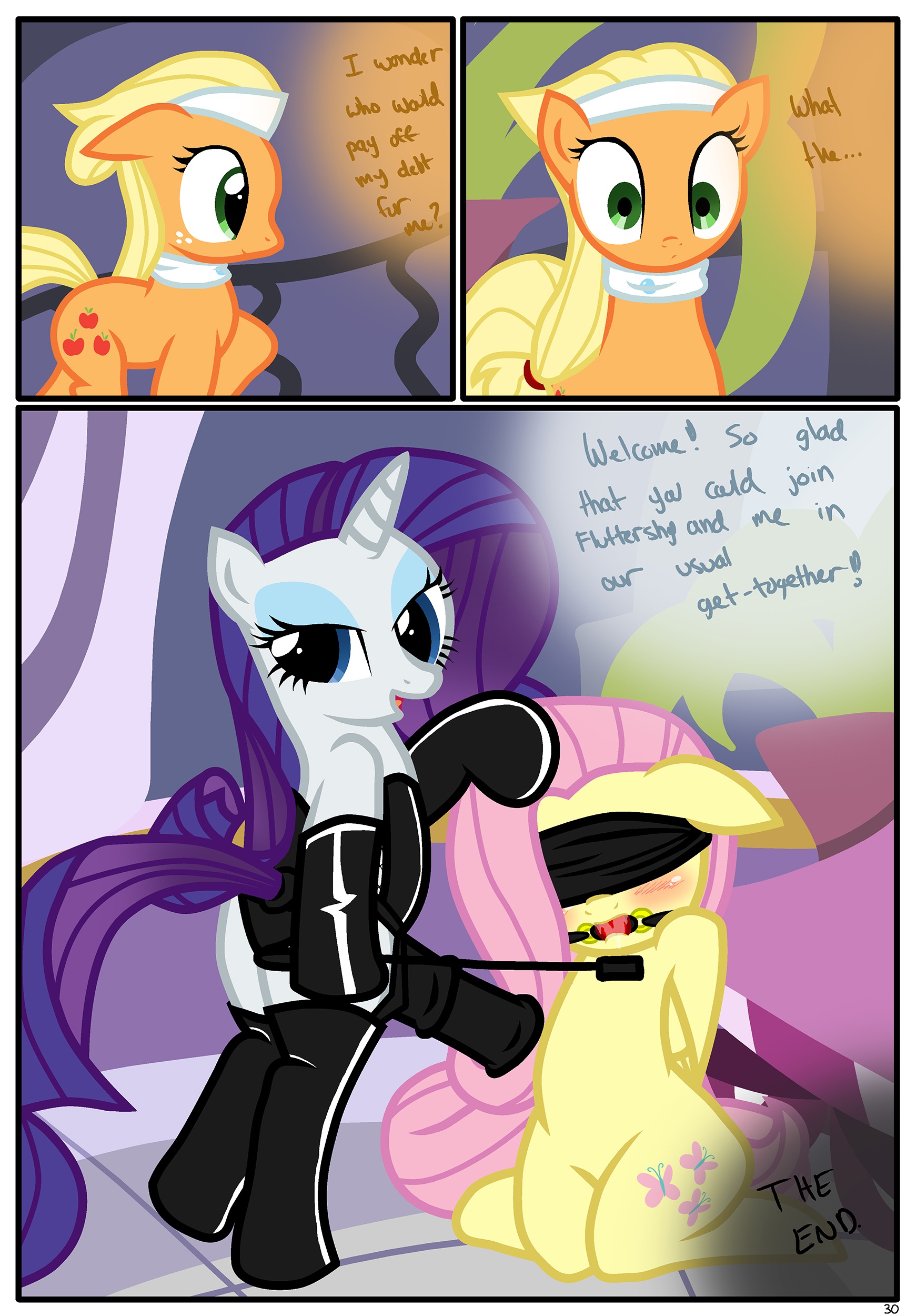 207482 - explicit, artist:pyruvate, applejack, fluttershy, rarity, earth  pony, pegasus, pony, unicorn, comic:the usual, g4, ballgag, bipedal,  blushing, bondage, comic, dialogue, dildo, drool, female, femdom, femsub,  gag, lesbian, raridom, sex toy, ship ...