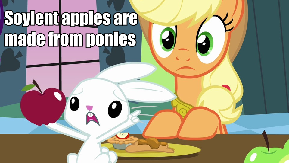 #477936 - safe, angel bunny, applejack, apple, caption, image macro ...