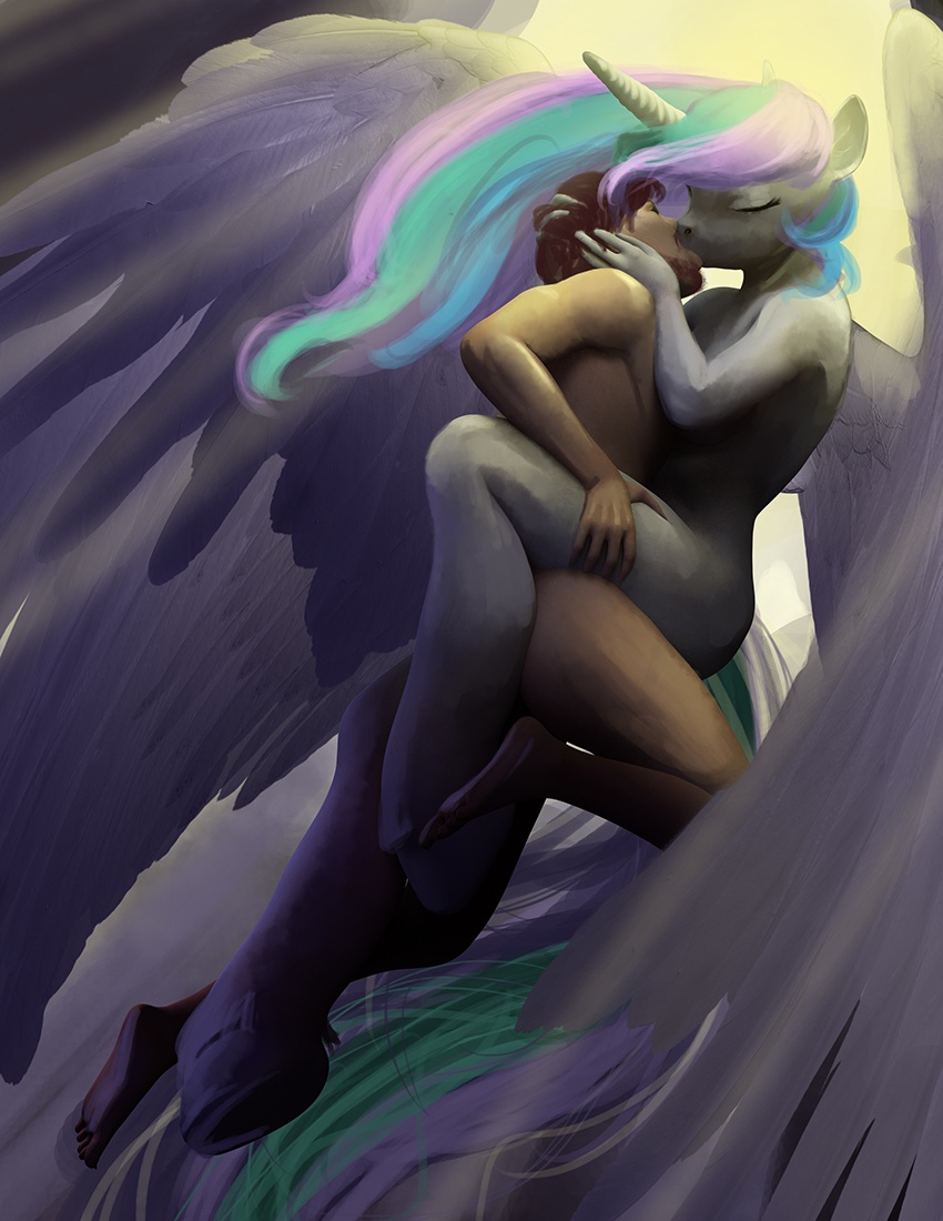 482121 - explicit, artist:hattonslayden, princess celestia, human, anthro,  g4, crepuscular rays, eyes closed, female, human on anthro action, kissing,  male, sex, straight - Derpibooru