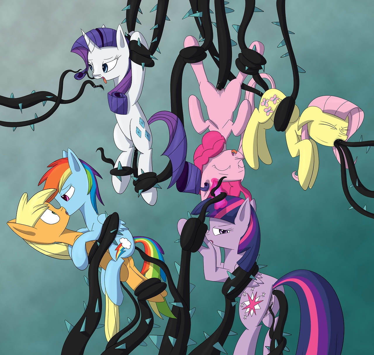 485280 - explicit, artist:iados, applejack, fluttershy, pinkie pie, rainbow  dash, rarity, twilight sparkle, alicorn, earth pony, pegasus, pony,  unicorn, g4, princess twilight sparkle (episode), anal, black vine,  bondage, consentacles, drool, female, forced