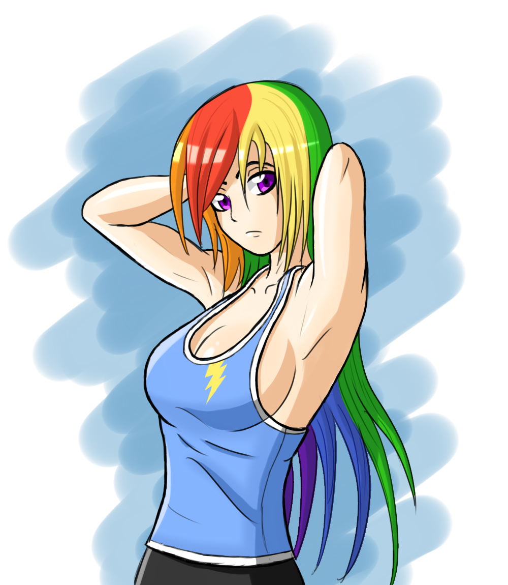 496160 - safe, artist:zantyarz, rainbow dash, human, g4, arm behind head,  armpits, breasts, busty rainbow dash, cleavage, clothes, female, humanized,  light skin, looking at you, shirt, sideboob, simple background, solo,  sports, sports