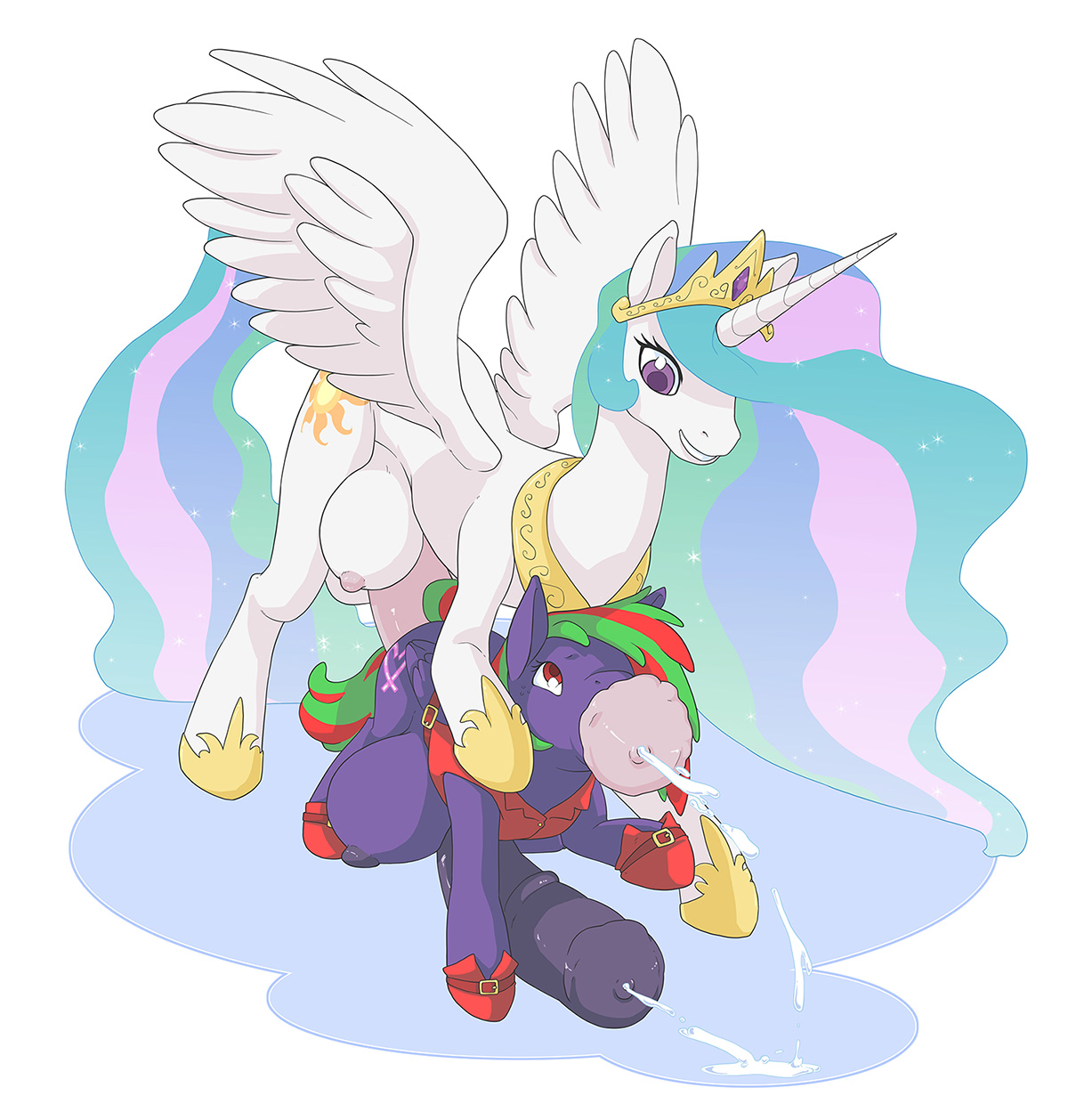 497326 - explicit, artist:soroxel, princess celestia, oc, g4, all the way  through, anatomically incorrect, big crotchboobs, canon x oc, crotchboobs,  cum, cumming, fifth leg, futa, futa oc, futa princess celestia, horsecock,  huge