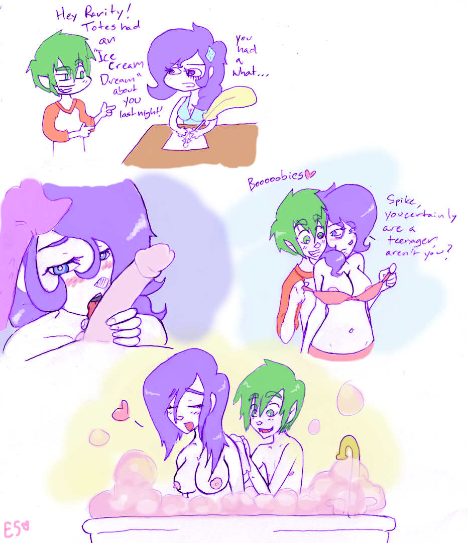 499025 - explicit, artist:equestrian-strumpet, rarity, spike, human,  assisted exposure, bath, bathtub, belly button, blowjob, blushing, breasts,  bubble bath, busty rarity, clothes, comic, dialogue, elf ears, eyes closed,  feather, female, heart, human .
