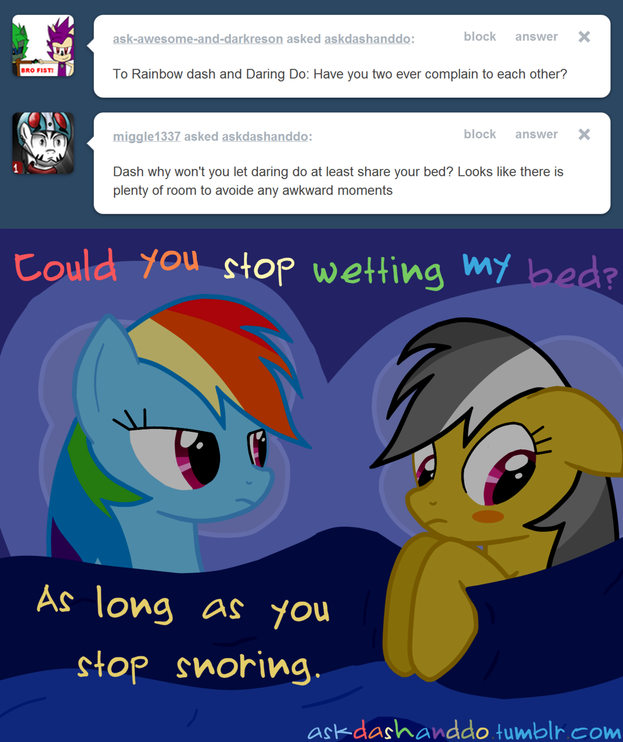 492013 - safe, artist:drumblastingquilava, daring do, rainbow dash, g4,  ask, askdashanddo, bed, blushing, implied bedwetting, tumblr - Derpibooru