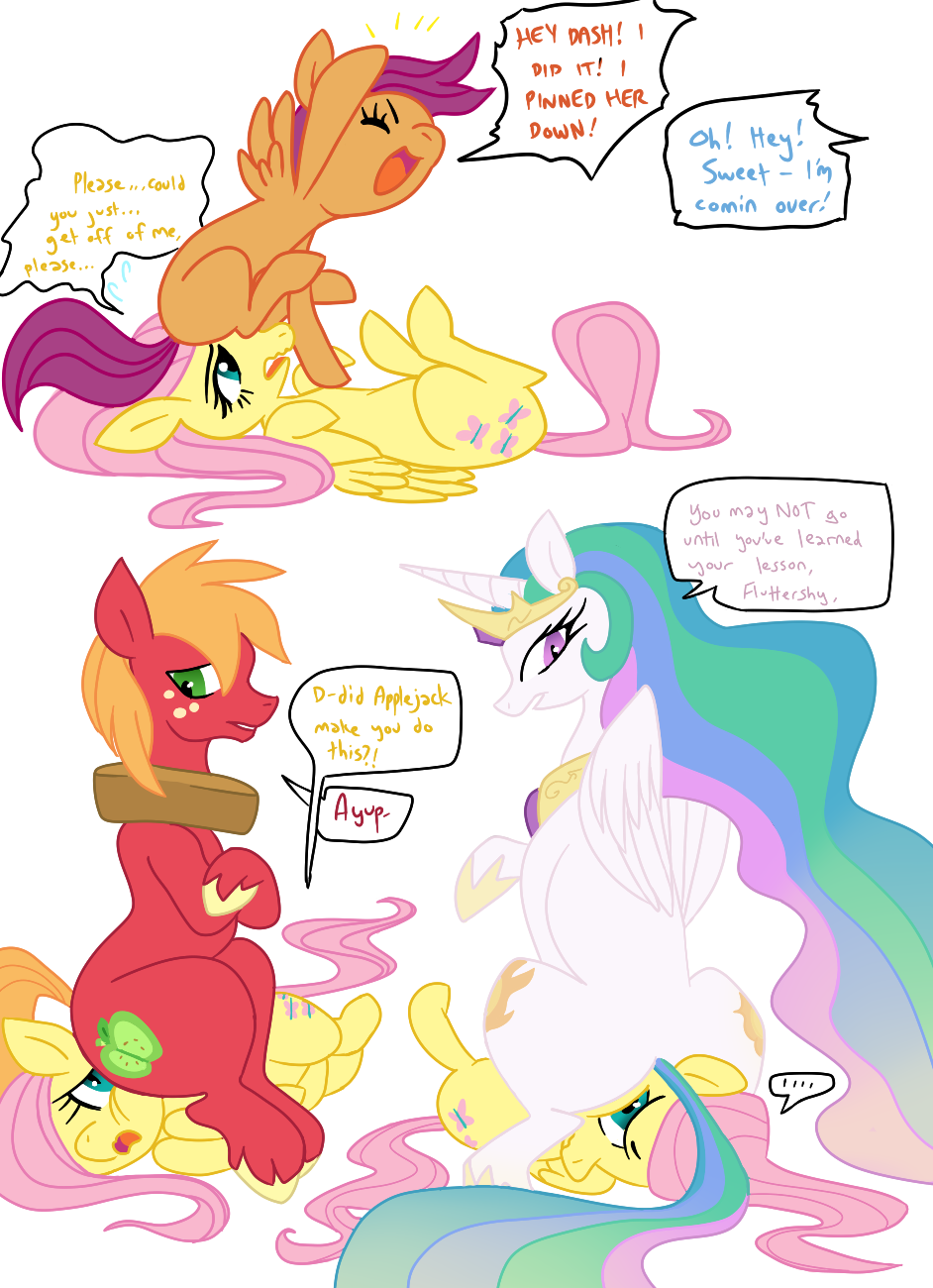 249450 - source needed, safe, artist:elslowmo, artist:purplekecleon, big  macintosh, fluttershy, princess celestia, scootaloo, earth pony, pony, g4,  butt, dialogue, faceful of ass, facesitting, female, flutterseat, implied  rainbow dash, lesbian, male ...