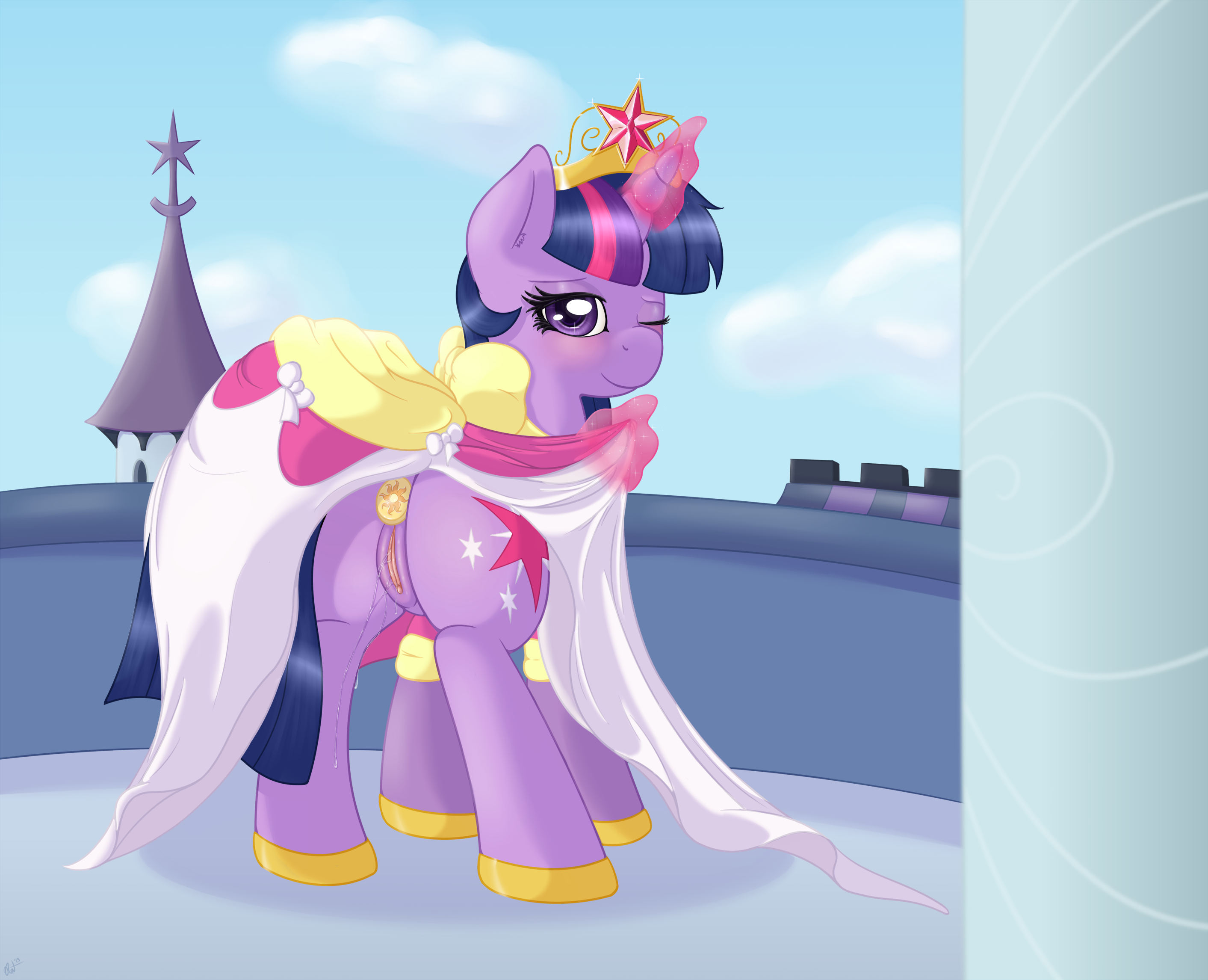 277811 - explicit, artist:ratofdrawn, twilight sparkle, alicorn, pony, g4,  anal insertion, anus, butt, buttplug, clothes, coronation dress, crown,  cutie mark buttplug, dock, dress, female, glowing horn, hoof shoes, horn,  implied princess celestia,