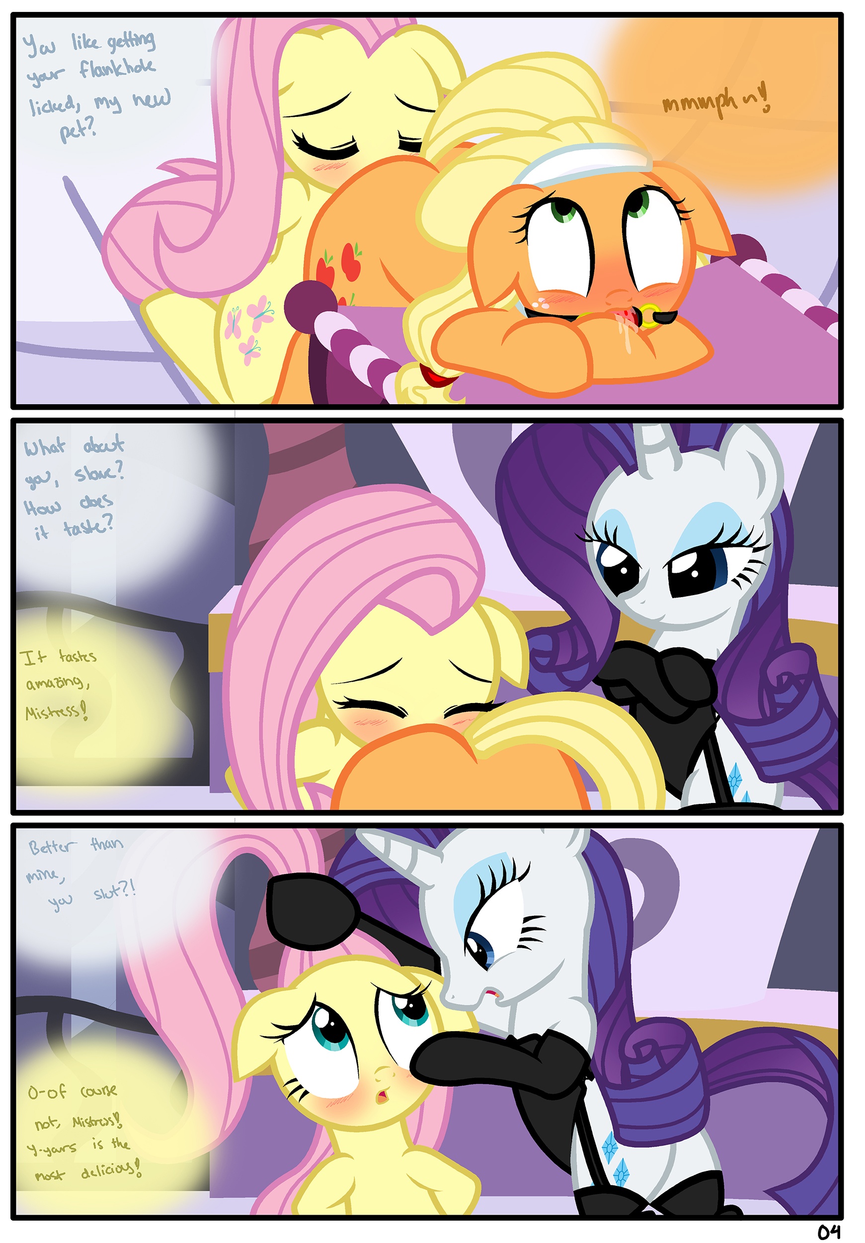 301432 - explicit, artist:pyruvate, applejack, fluttershy, rarity, earth  pony, pegasus, pony, unicorn, comic:the usual, g4, analingus, analingus on  female, blushing, butt, comic, dialogue, female, femdom, femsub, hind legs,  legs together, lesbian ...