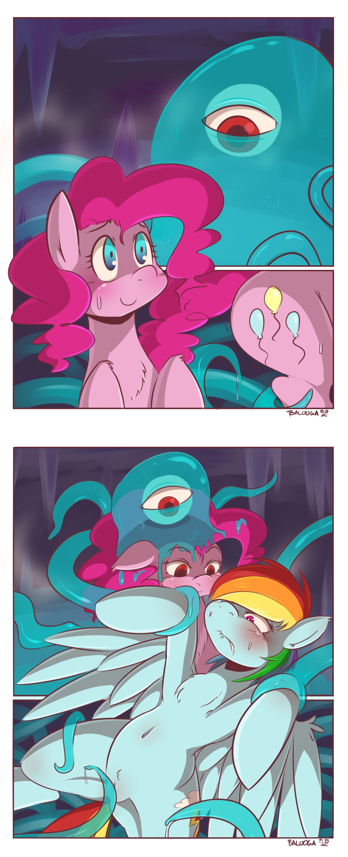 336415 - explicit, artist:balooga, pinkie pie, rainbow dash, g4, belly  button, blushing, comic, female, lesbian, lip bite, mind control, nudity,  slime, tentacle porn, tentaclepie, tentacles, vagina - Derpibooru