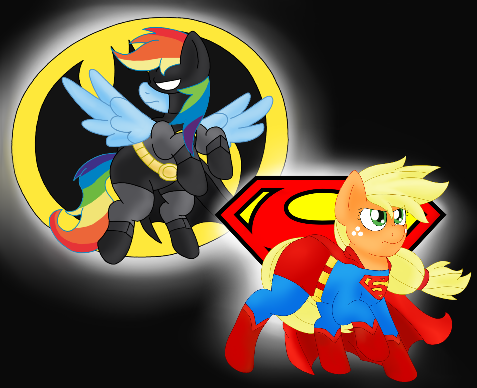 Batdash #380919 - safe, artist:blackbewhite2k7, applejack, rainbow dash, g4 ...