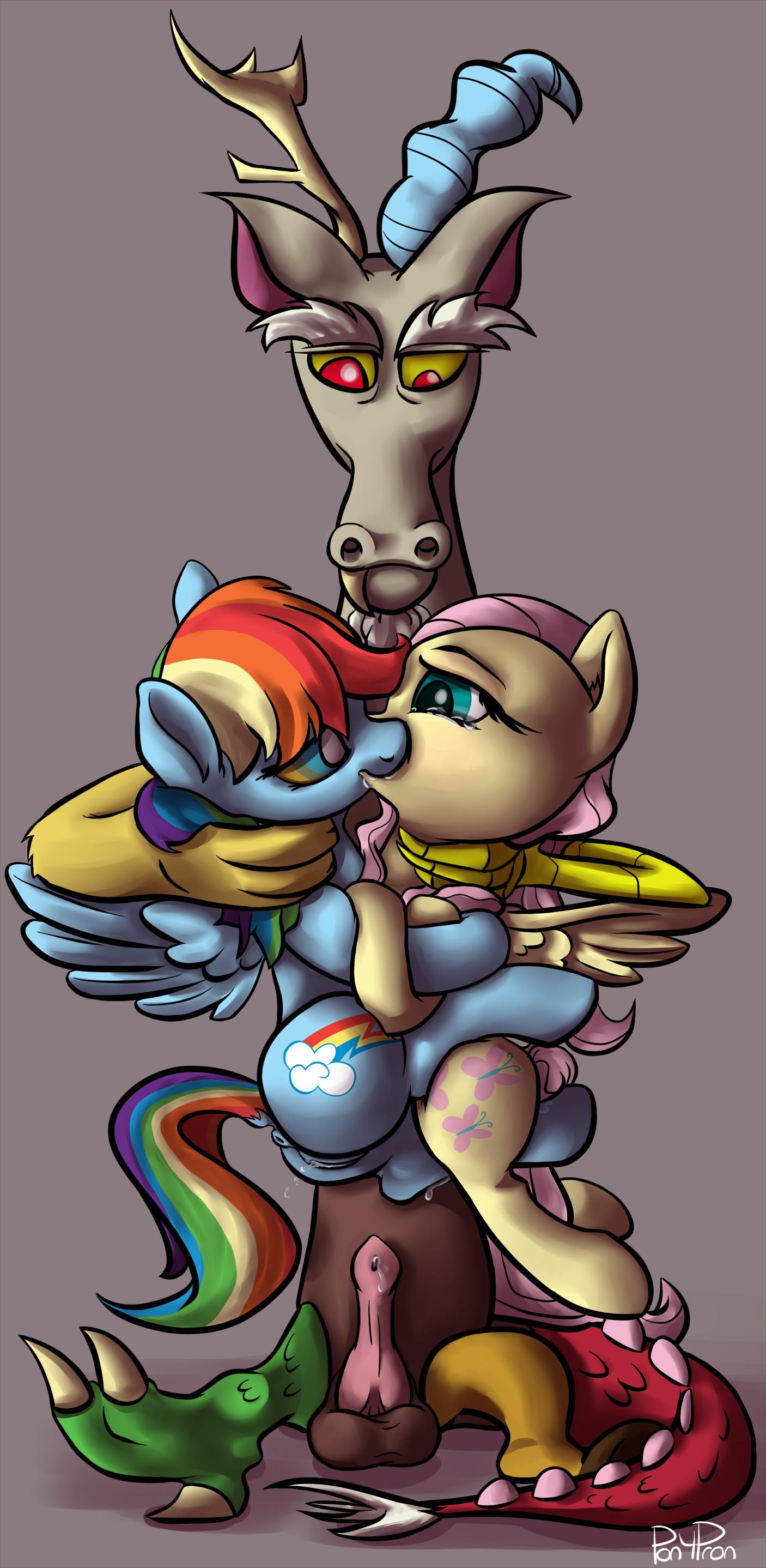 383200 - explicit, grimdark, artist:ponypeon, discord, fluttershy, rainbow  dash, pegasus, pony, g4, anus, carrying, crying, discord raping fluttershy,  discord raping rainbow dash, female, forced kiss, group sex, hug, hypno  dash, hypnosis, kissing,