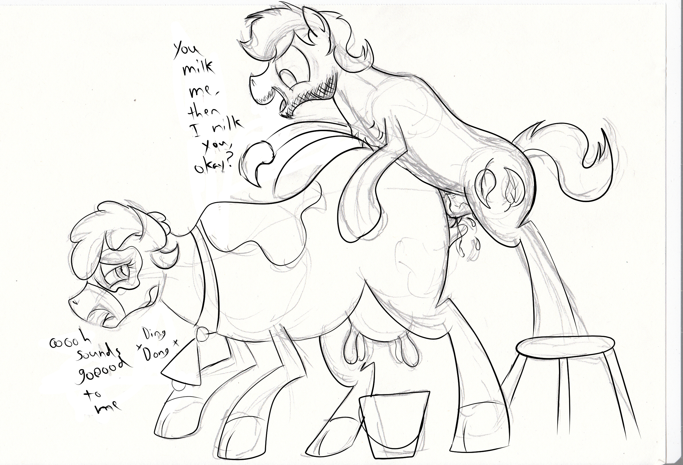 742346 - explicit, artist:frikdikulous, daisy jo, cow, g4, cum, dialogue,  interspecies, lineart, monochrome, nudity, penis, pony on cow action, sex,  sketch, udder, vaginal secretions - Derpibooru