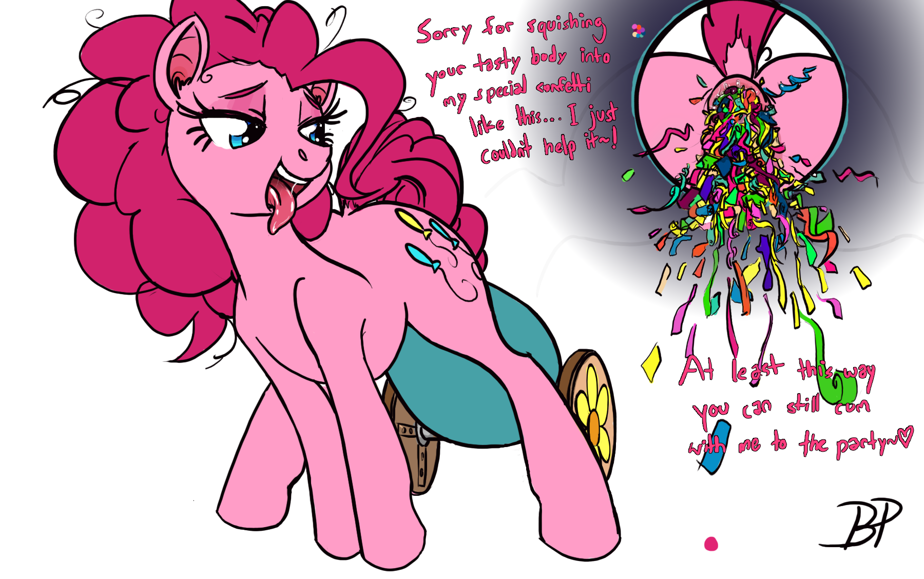 743651 - explicit, artist:buttplug, pinkie pie, rainbow dash, earth pony,  pony, g4, anus, butt, confetti, dock, female, fetish, implied death,  implied digestion, inanimate tf, mare, misspelling, nudity, party cannon,  pinkie pred, plot,