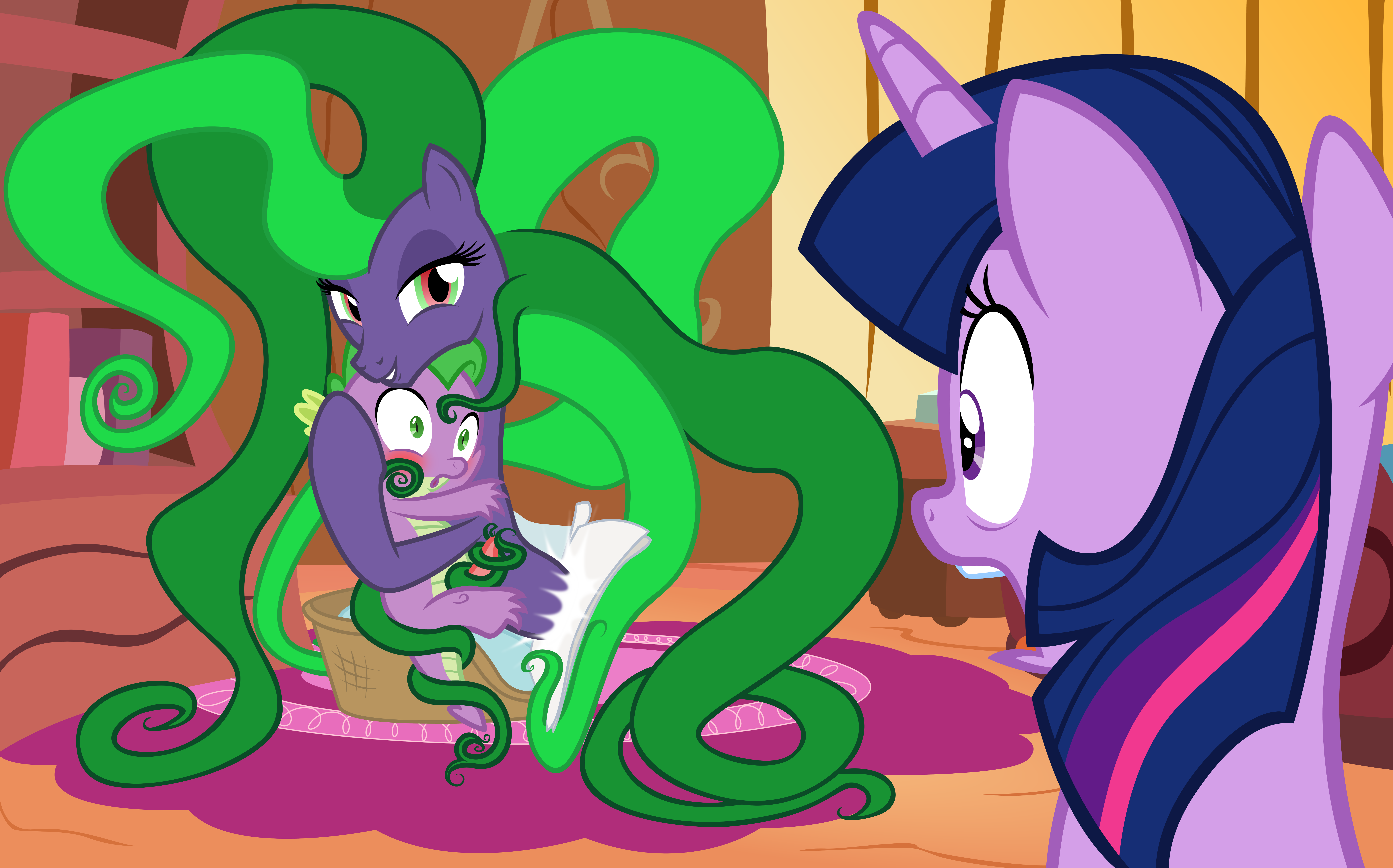 745779 - explicit, artist:badumsquish, derpibooru exclusive, mane-iac,  spike, twilight sparkle, alicorn, pony, g4, absurd resolution, bedroom  eyes, blushing, caught, clopfic in description, comic, embrace, female,  foalcon, grin, hairjob, hug, male ...
